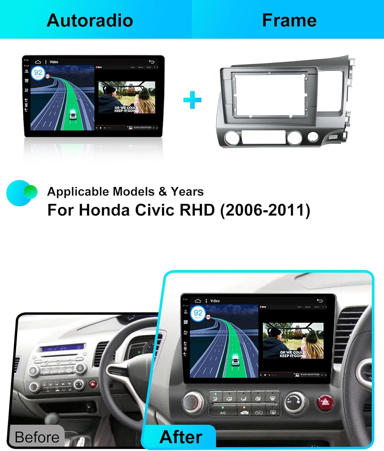 Android 14 IPS Car Stereo for Honda Civic (2006-2011) - Wireless Carplay/Android Auto - 4G+64G - LED Camera + MIC - 10.1 Inch 2 Din - DSP Steering Wheel DAB Fast-Boot 360-CAM Wifi image number 2