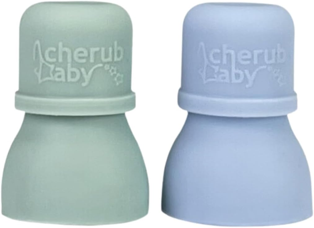 Cherub Baby Silicone Reusable Baby Food Pouch Topper Attachment Soft Non-Spill Spouts 2PK with Travel Case - Cerulean/Sage
