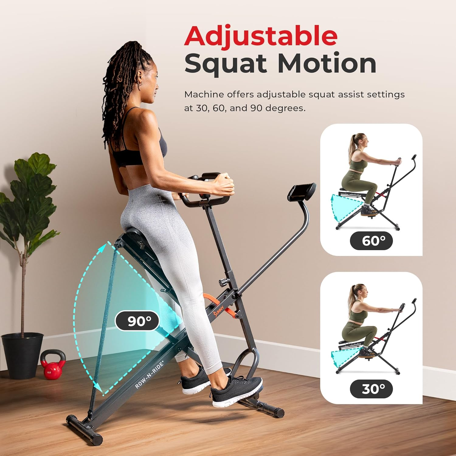 Sunny Health & Fitness Row-N-Ride Squat Assist Trainer for Glutes Workout with Adjustable Resistance, Easy Setup & Foldable Exercise Equipment, Glute & Leg Exercise Machine image number 4