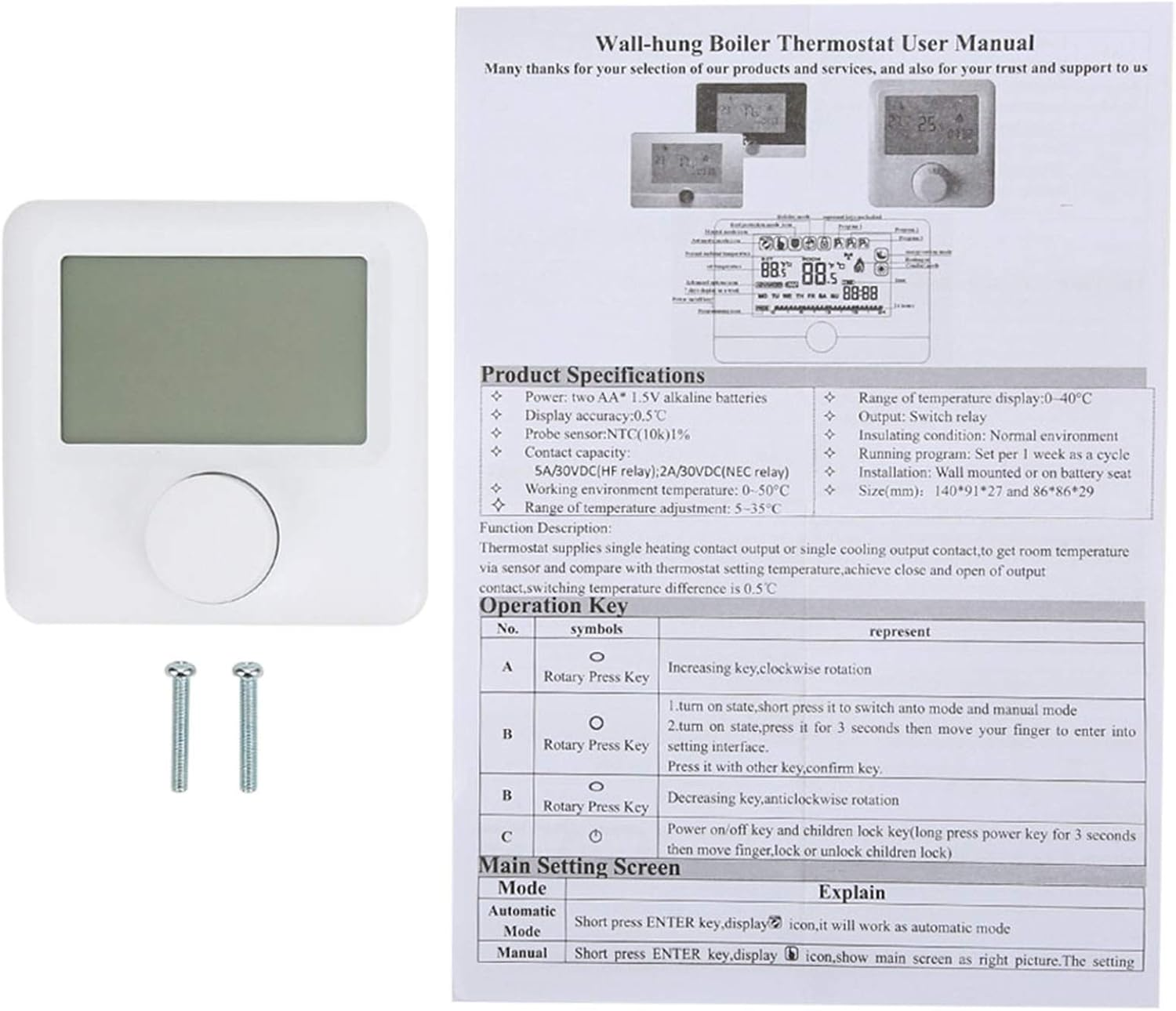 Tnfeeon 2 Wire Digital Room Thermostat, Large LCD Display Temperature Controller, Programmable Heating Control for Home Office image number 5