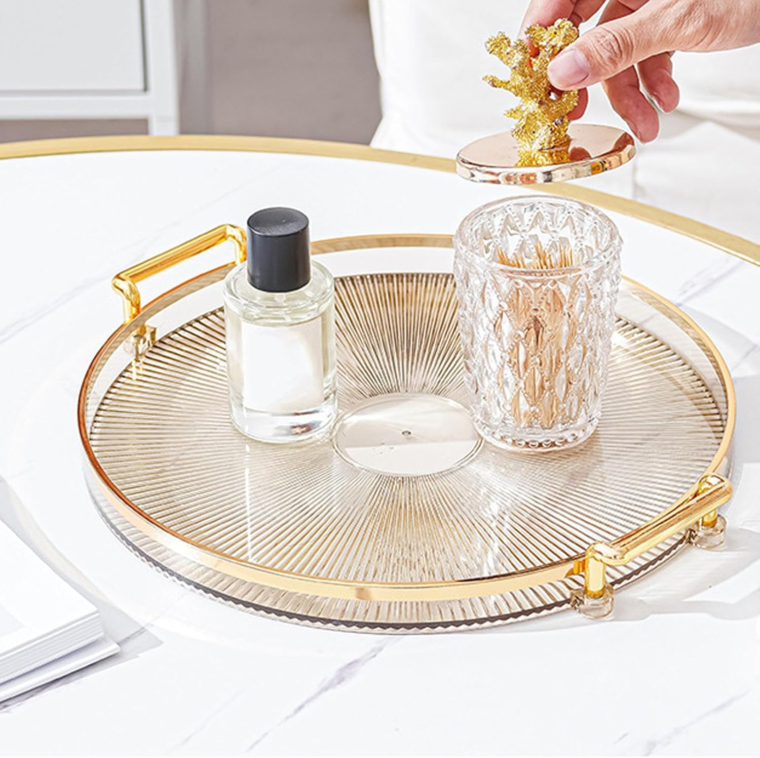 Round Serving Tray with Gold Handles, Elegant PS Material Snack & Dessert Platter for Eating and Entertainment, Easy Clean Surface (27Cm)