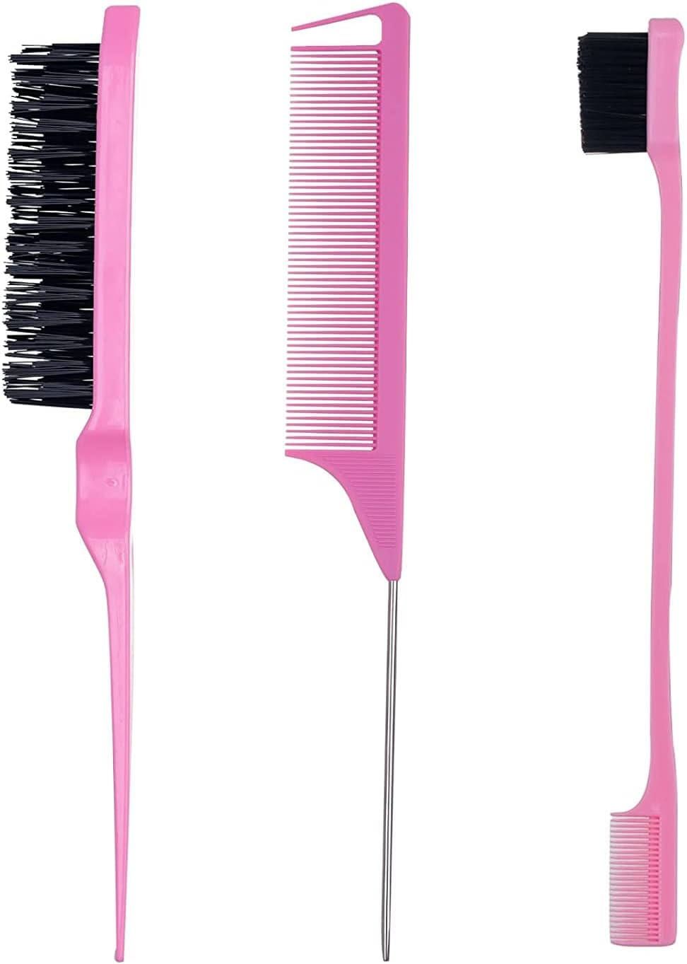 3 Piece Hair Styling Comb Set Teasing Hair Brush Rat Tail Comb Edge Brush for Edge and Back Brushes, Combs, Slicking Hair for Women (Black)