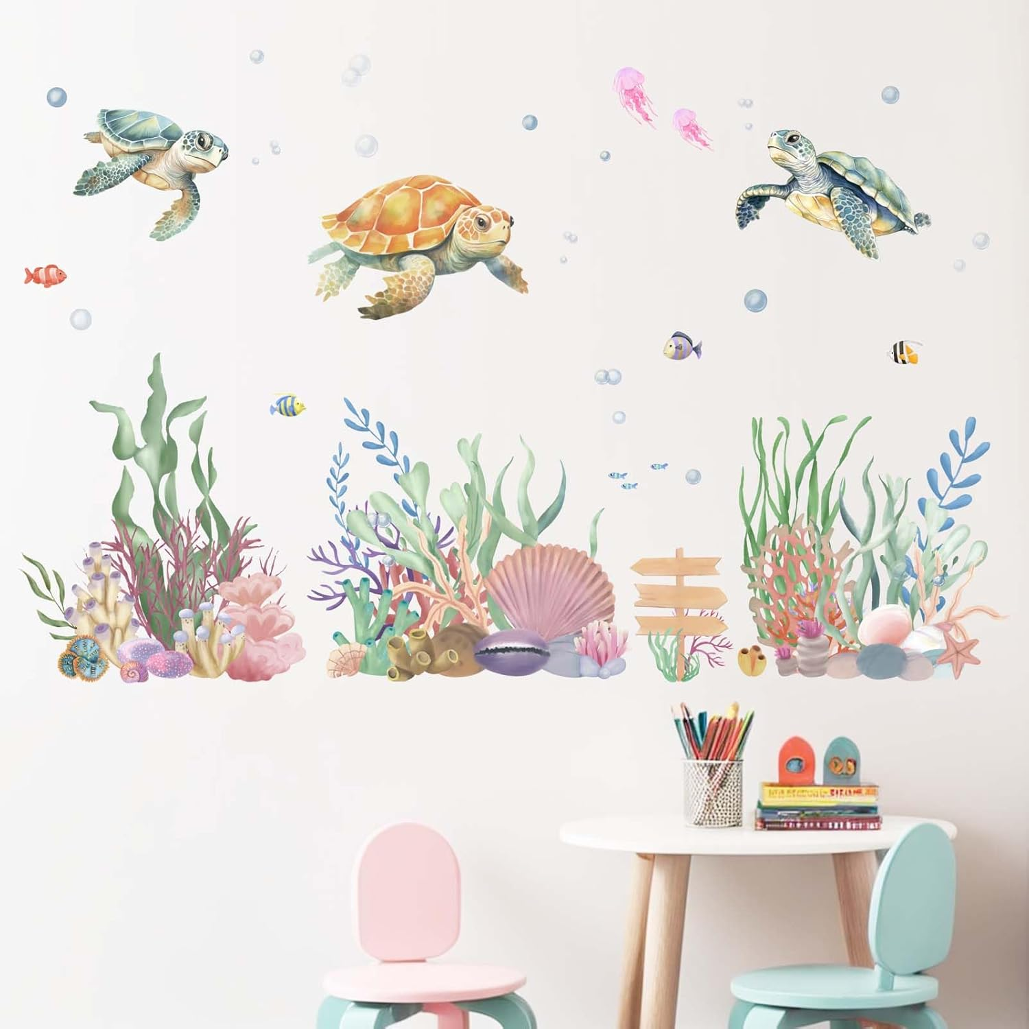 Amimagen Ocean Sea Turtle Wall Decals - under the Sea Marine Theme Seaweed Grass Wall Stickers - Baby Nursery Kids Bedroom Daycare Bathroom Wall Decor image number 4
