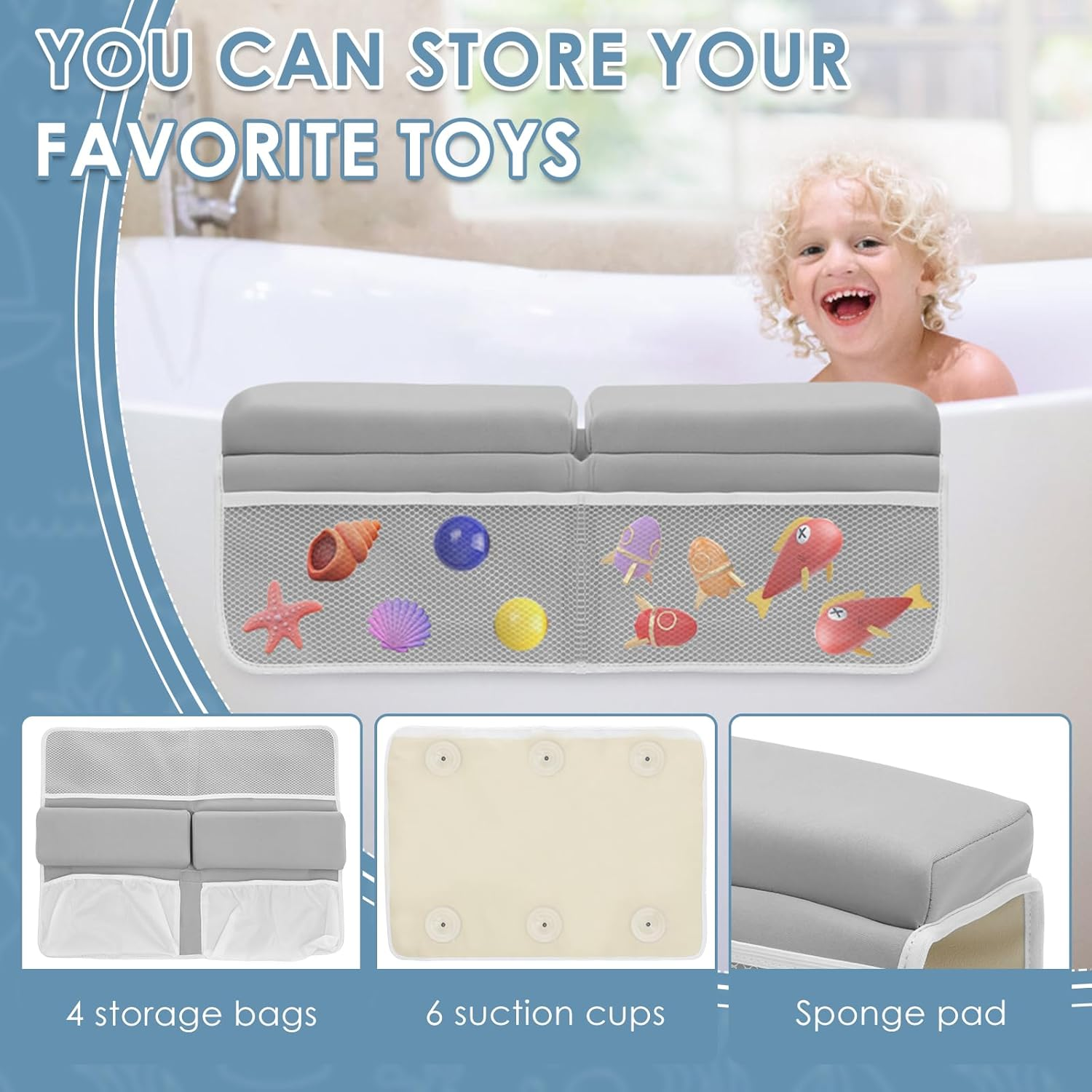 Bath Kneeler Set, Foldable Non Slip Bath Elbow Rest Pad, Comfortable Non-Slip Kneeling Mat Cushion, with Toys Organizer, Foldable Foam Mat, for Baby Bathing Time image number 5