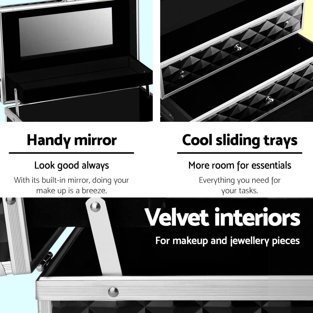 Portable Cosmetic Beauty Makeup Carry Case with Mirror Diamond Black Travel Bag image number 5