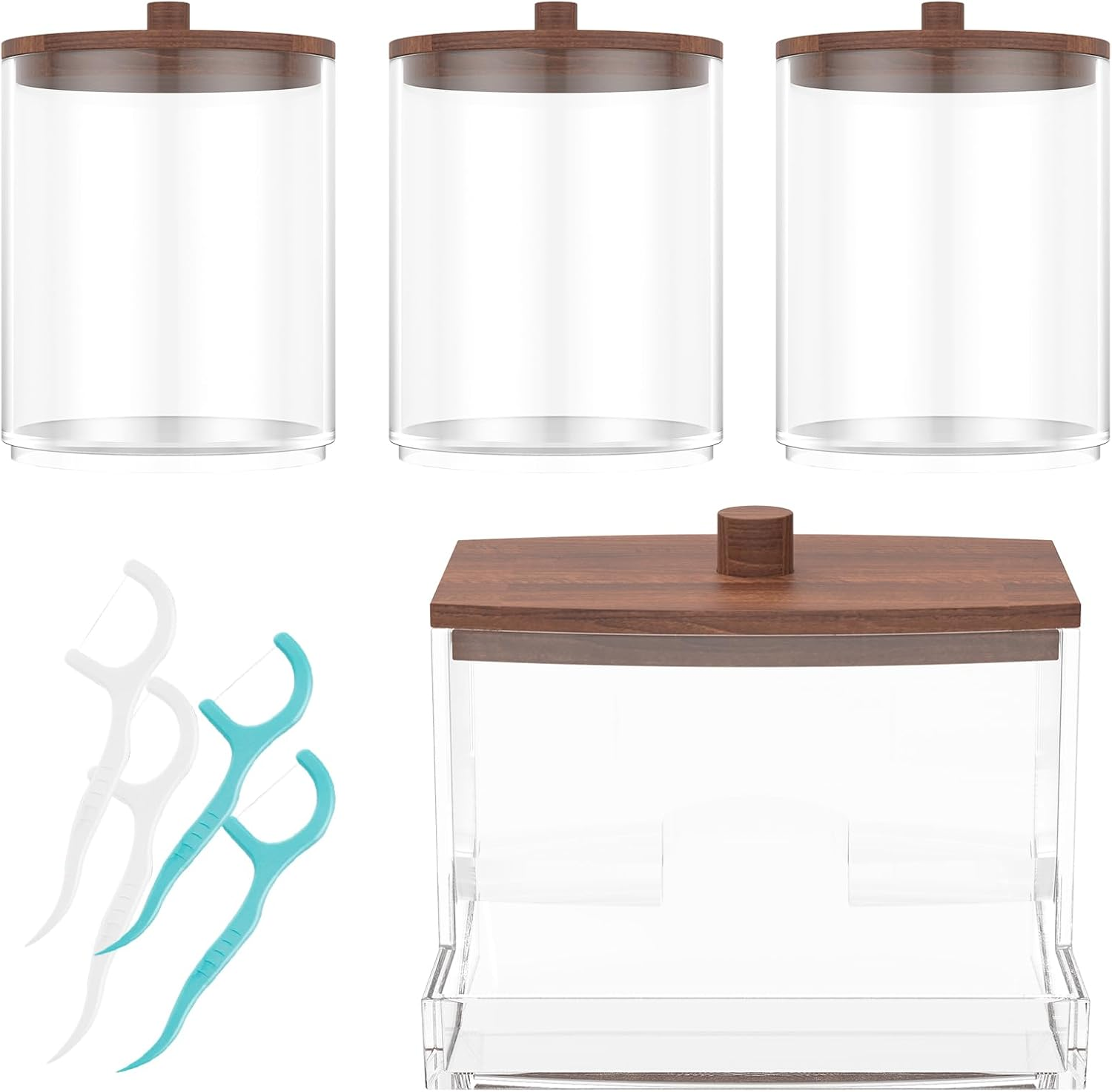 ZFLYCANP Holder Dispenser for Cotton Ball Small Clear Plastic Canister Apothecary Jar Set Cotton Swab Cotton round Pads Apothecary Jar Organizer for Storage Wood Lids