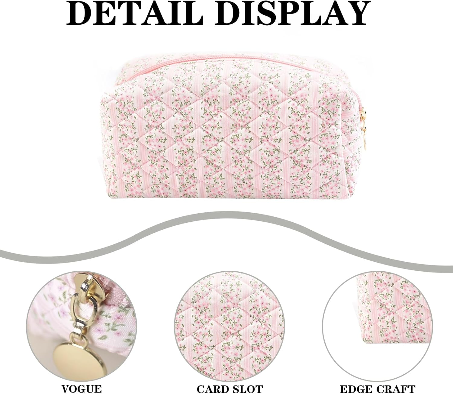 Stylish Quilted Makeup Bag, Large Floral Cosmetic Pouch with Pink Gingham Lining, Toiletry Bag for Women, Travel, and Everyday Use, Mini and Small Makeup Bag for Cosmetics