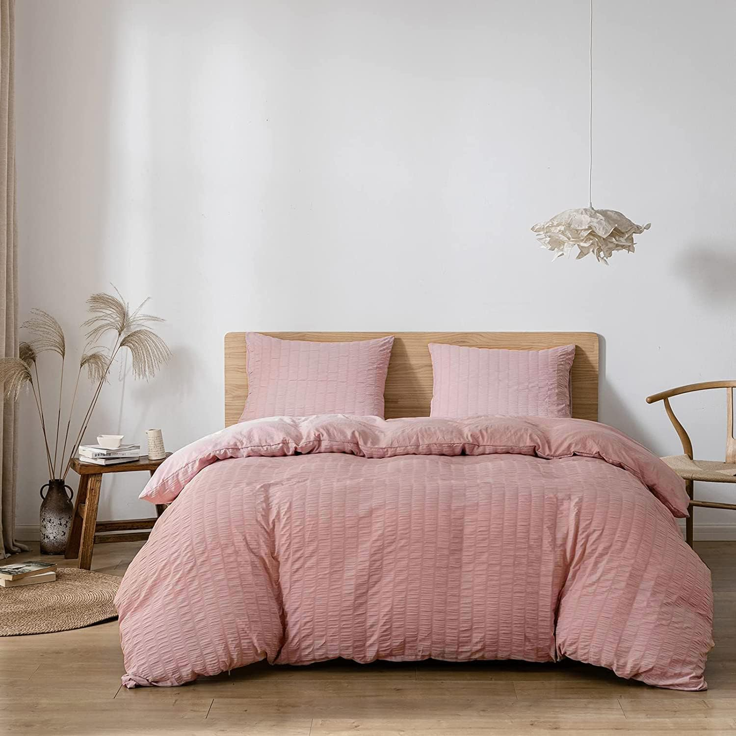 MK Home Textile Seersucker Duvet Cover Set King Bedding Sets with Pillow Cases 100% Cotton Hotel Quality White Silver Charcoal Pink Grey Quilt Covers Double King Superking image number 1