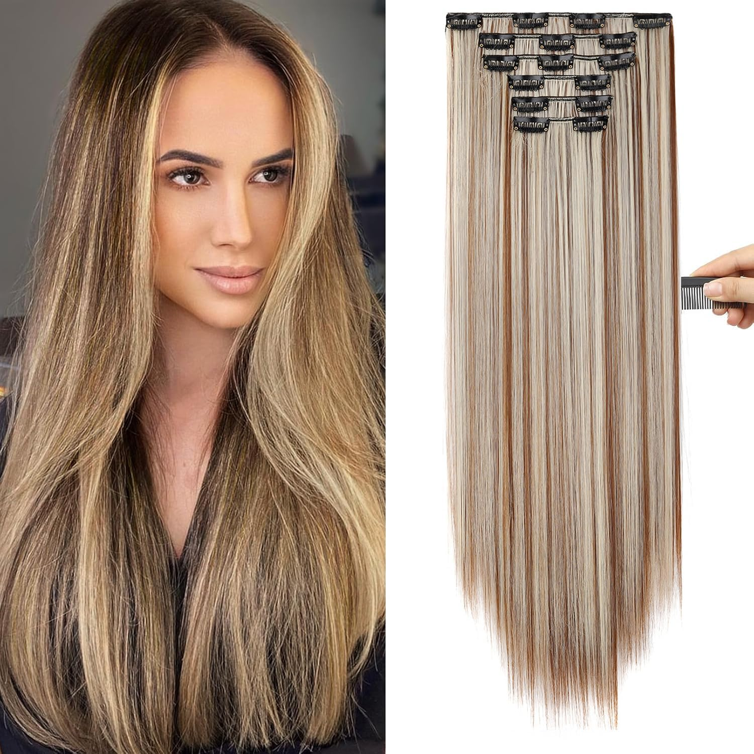 6Pcs Long Straight Black Clip in Hair Extensions for Women, Natural & Good Connectivity Hair Extensions Clip In,Straight Human Hair Clip in Extensions,24Inch (Light Brown)