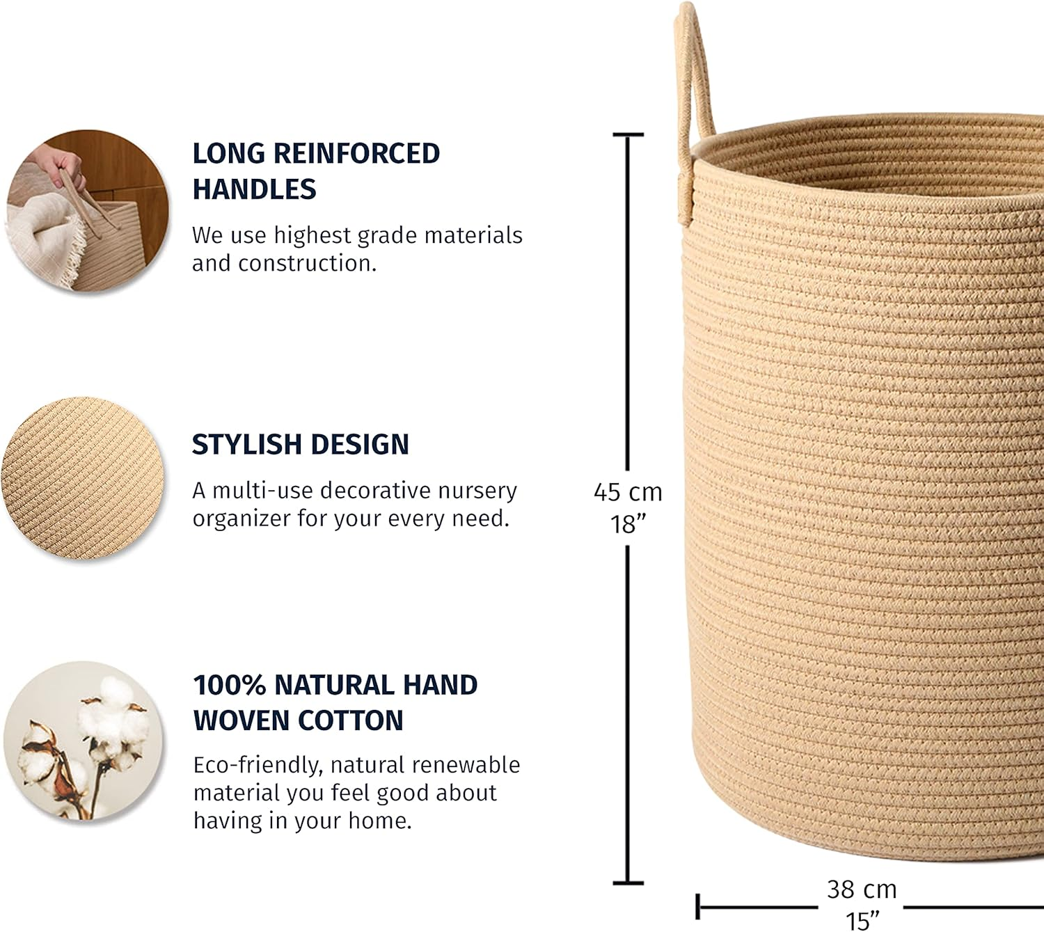 Organihaus Large Woven Cotton Rope Basket 15X18 | Tall Storage for Living Room, Nursery, Laundry | Big Container for Toys, Blankets - Honey image number 5