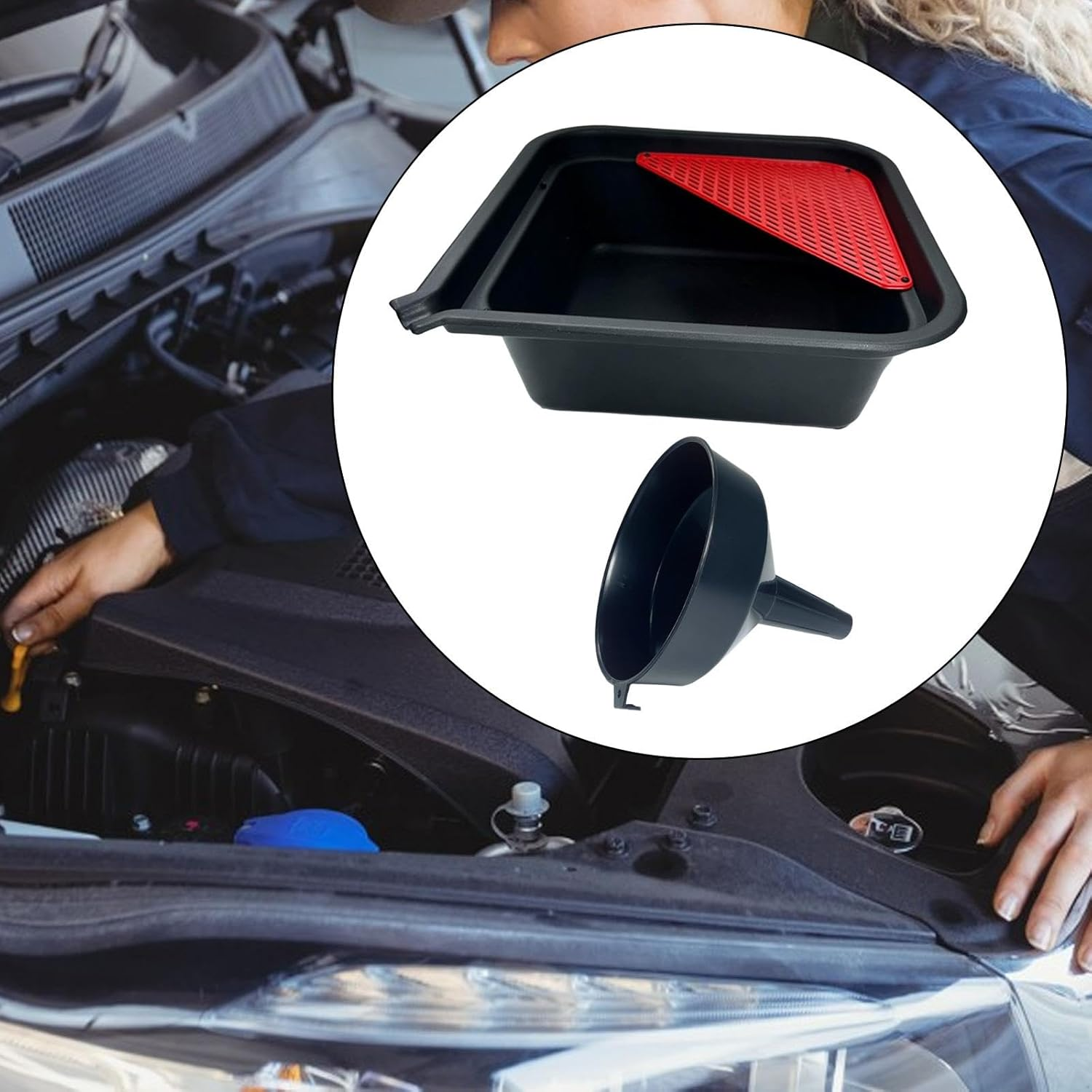 Mqetly 9 Liters Mechanic Car Oil Drain Pan and Funnel 14X14X5Inch Oil Change Tray for Cars, Motorcycles, Boats Versatile image number 2