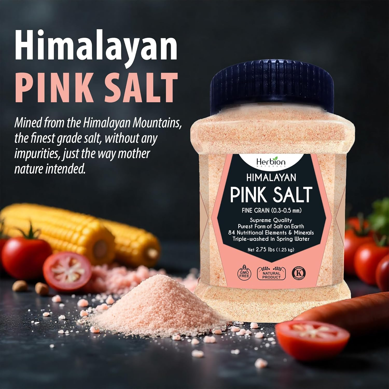 Herbion Naturals Himalayan Pink Salt Jar - Fine Grain, 1.25 Kg | GMO Free, Vegan, Kosher Certified | Triple-Washed, Chemical Free image number 1