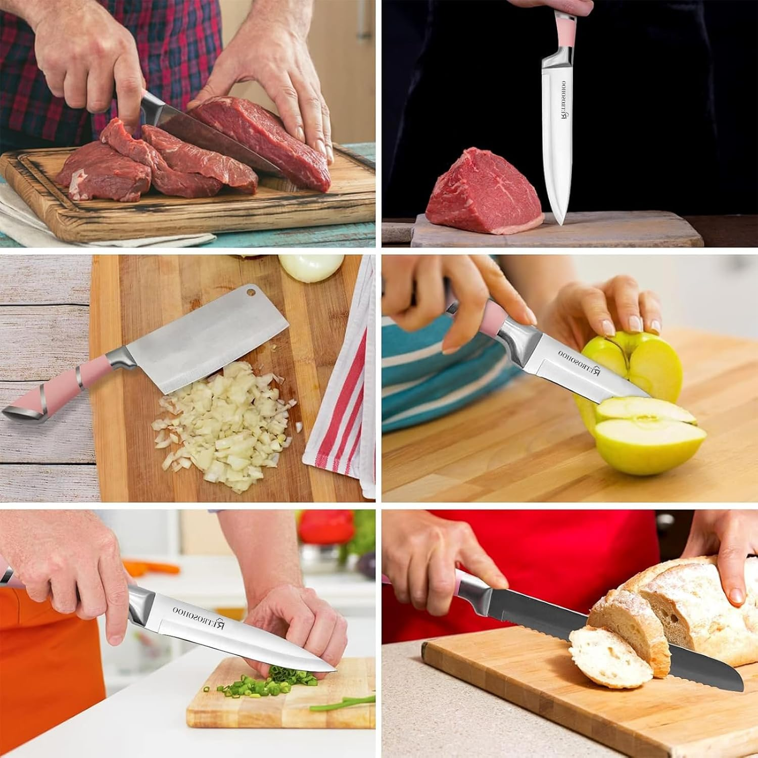 Kitchen Knife Set, 9-Pieces Pink Sharp Non-Stick Coated Chef Knives Block Set,Stainless Steel Knife Set for Kitchen with Sharpener for Cutting Slicing Dicing Chopping (Pink) - Black image number 7