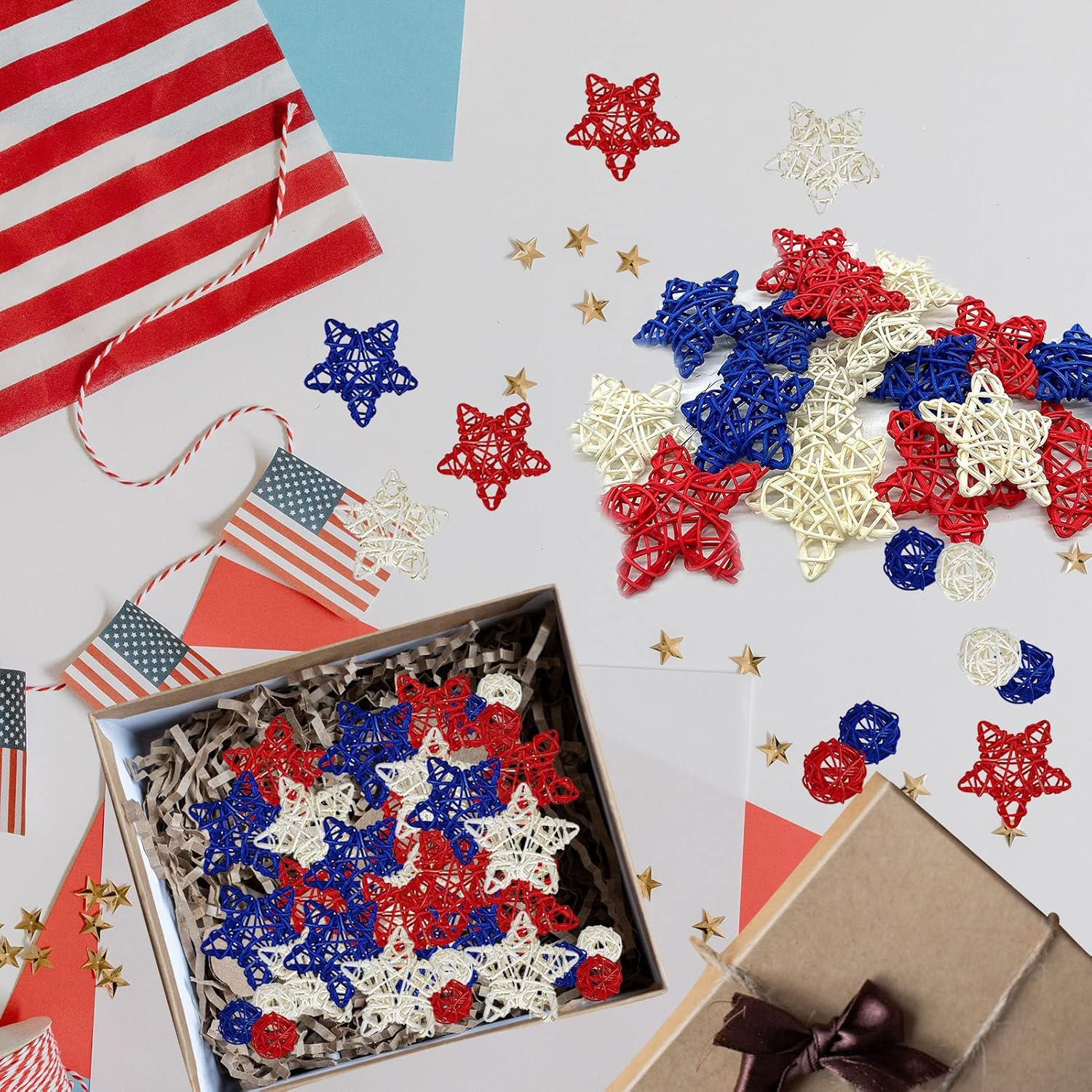 OZIO-US 4Th of July Star Rattan Decoration, Red Blue White Stars for 4Th of July Independence Day Home Decor DIY Craft Vase Bowl Filler Table Decoration image number 4