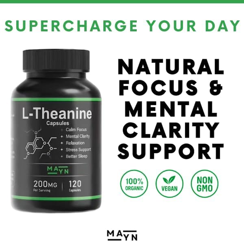 MAYN L-Theanine Capsules &ndash; Natural Relaxation, Stress Relief & Focus Support Supplement &ndash; 200Mg Vegan, Non-Gmo, Clean Formula for Calm Mood & Mental Clarity &ndash; 120 Capsules