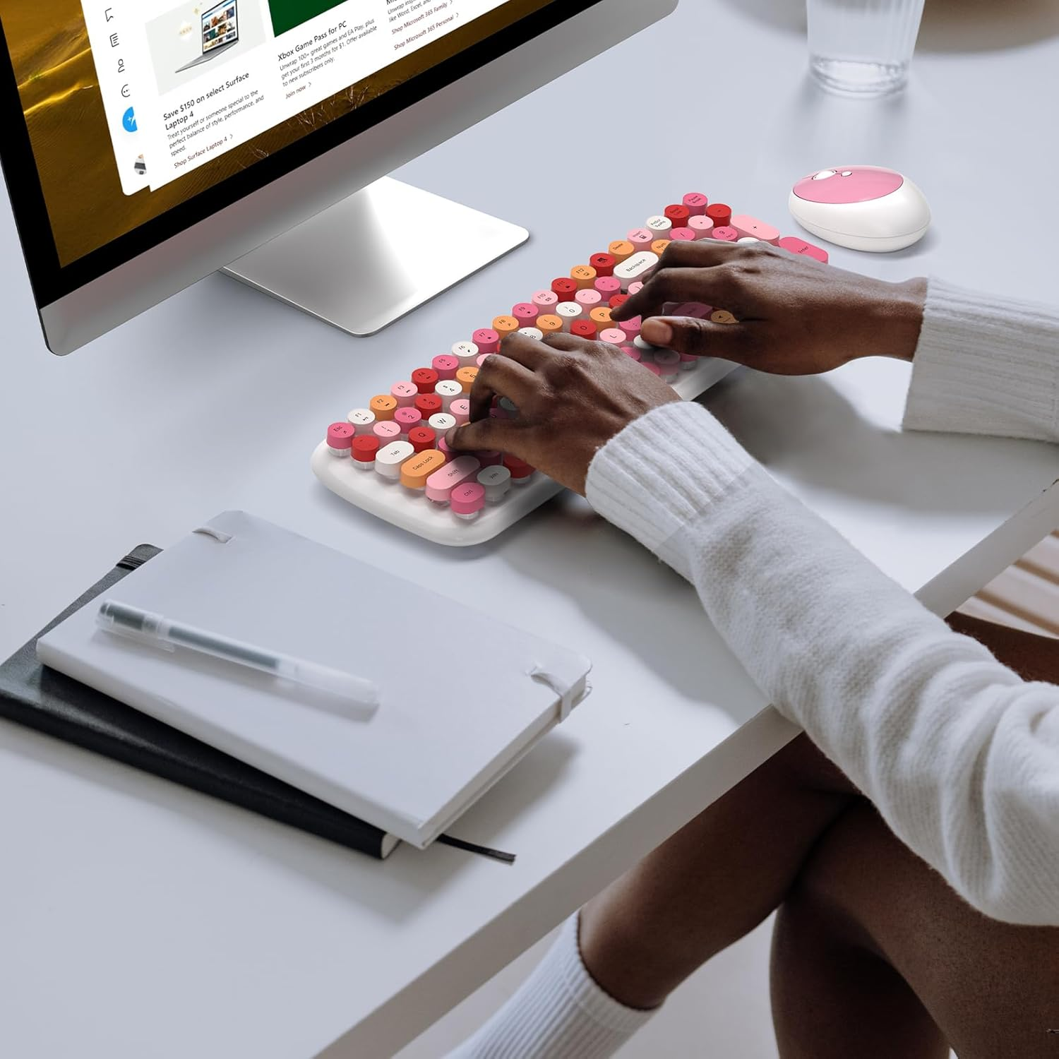 MOFII Wireless Keyboard and Mouse Combo, Full-Size Retro Typewriter-Style Wireless Keyboard with Optical Mouse for Computer/Laptop/Windows/Mac (White Colorful)