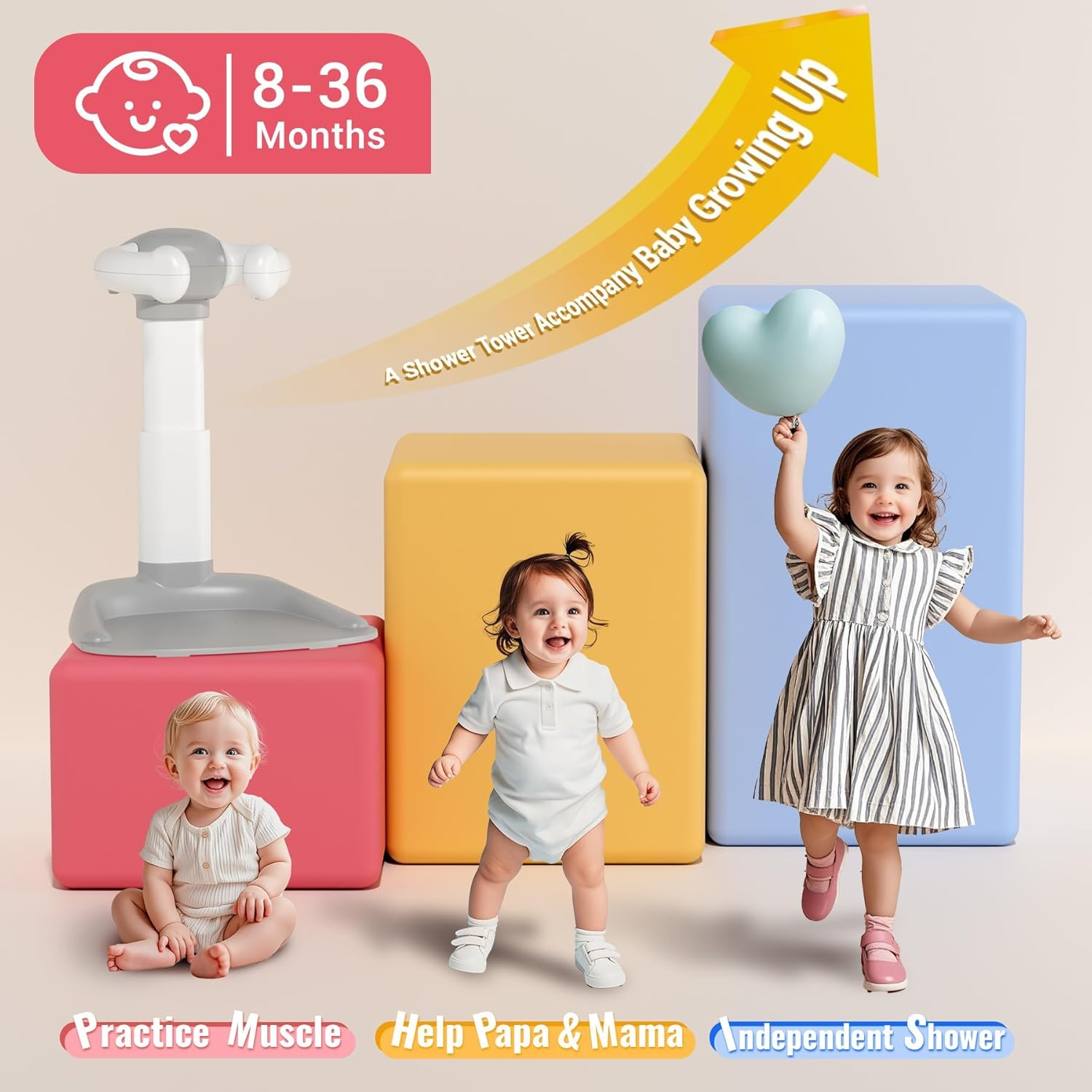 Baby Shower Standing Support, Adjustable Toddler Bath Stand with anti Slip Baseboard, for Changing Clothes, Bathing by Standing up Themselves, Shower Holder Maker Idea 8-36 Months