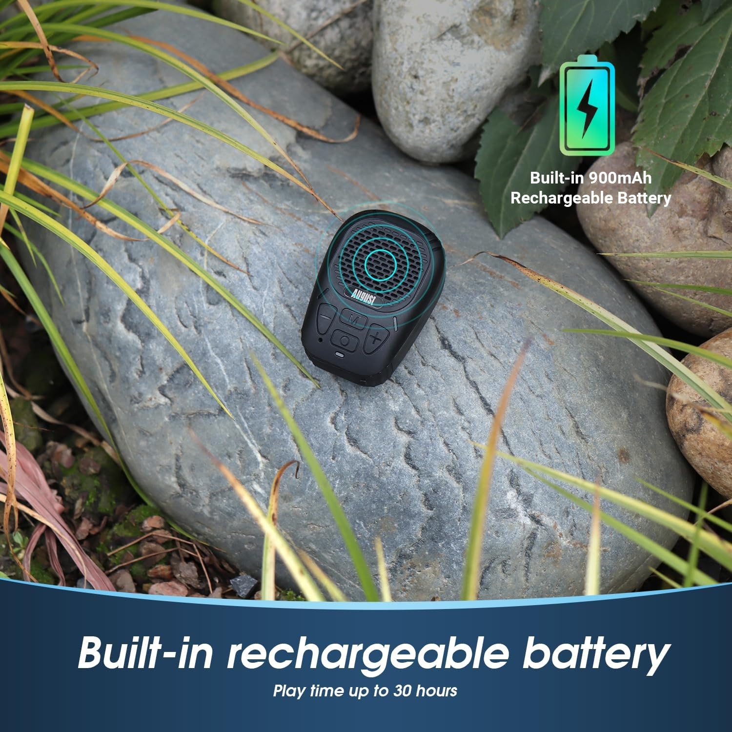 August MS550 Portable Bluetooth 5.3 Clip-On Speaker with Magnet and Microphone - 30 Hour Battery, IP56 Waterproof, Hands Free Calling, Micro SD for MP3 - Outdoor Speaker for Cycling, Hiking, Camping image number 3