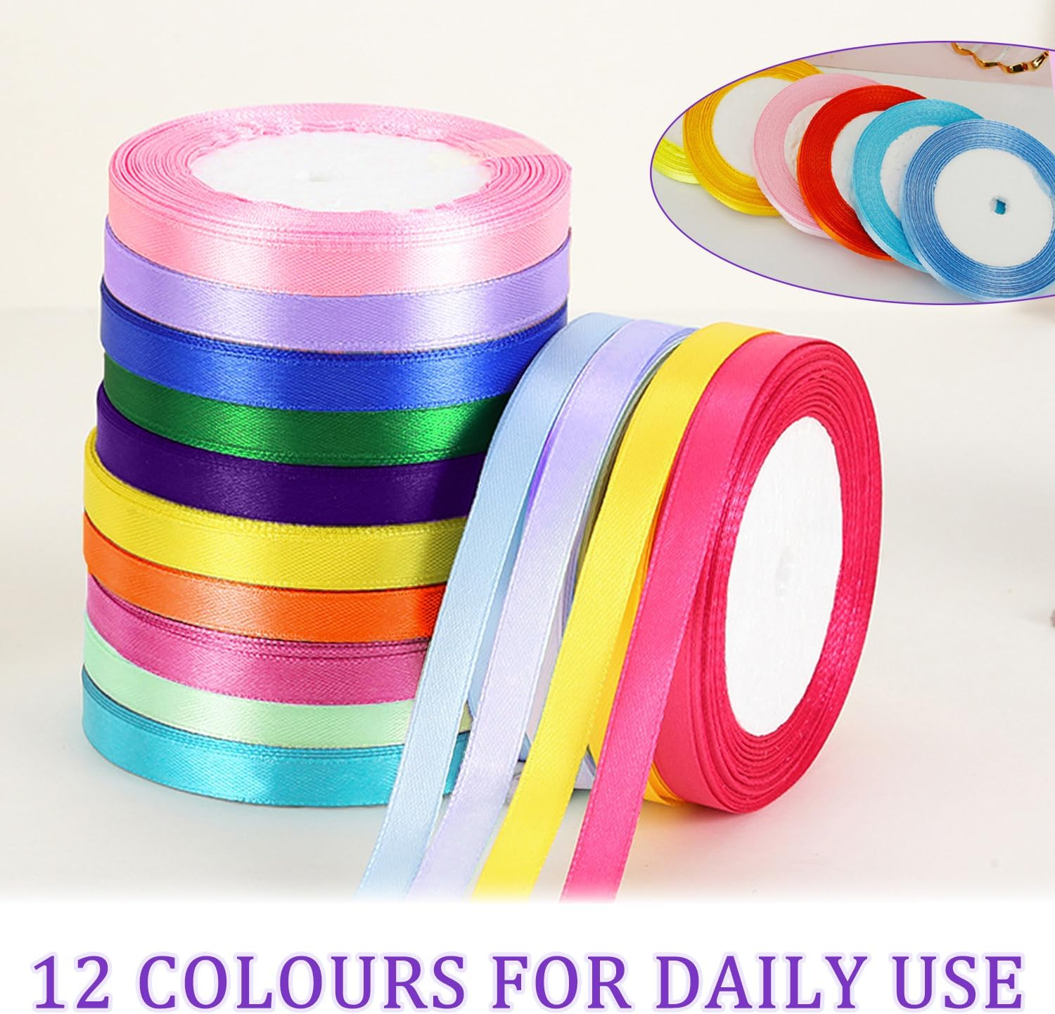 SYEYCW 12 Satin Ribbons Colourful, Polyester Satin Ribbon, 6 Mm &times; 22 M, Ribbon Silk Ribbon, Decorative Ribbon Fabric Ribbon Set, for DIY Art, Craft, Gift Packaging, Bows, Wedding Decoration image number 5