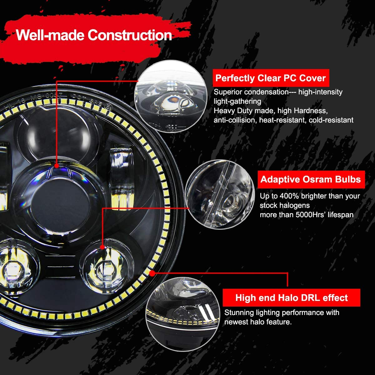 Wisamic 5-3/4" 5.75" LED Projection Headlight for Harley-Davidson 883, Sportster, Triple, Low Rider, Wide Glide Motorcycles (Black with Halo) image number 3