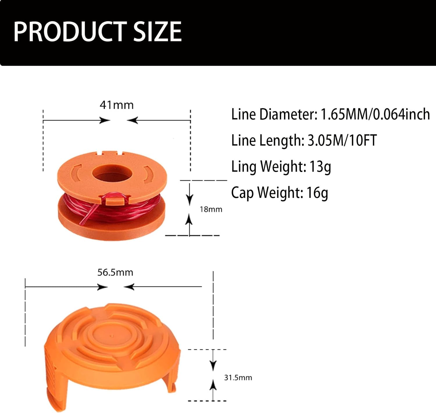 WA0004/WA0010 Worx Replacement Trimmer Spools, 0.065" Weed Eater Lines Caps for Worx String Trimmer Weed Eater WG154 WG163 WG160 WG180 WG175 WG155 WG151 (12 Spools + 2 Caps) image number 3