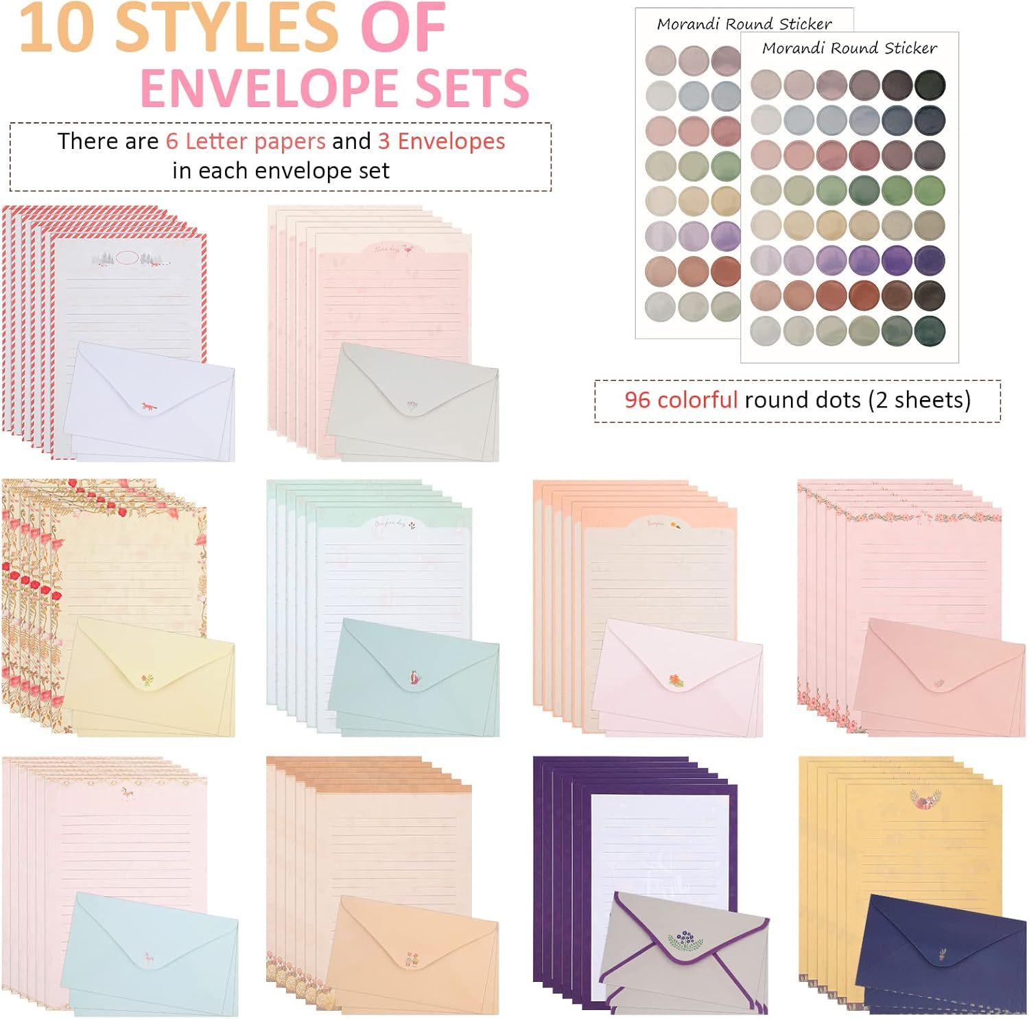 Laumoi 180 Pcs Papers and Envelopes Set - 60 Envelopes, 120 Lined Writing Paper, 96 Colorful round Dot Stickers, 10 Designs (Vibrant) image number 6