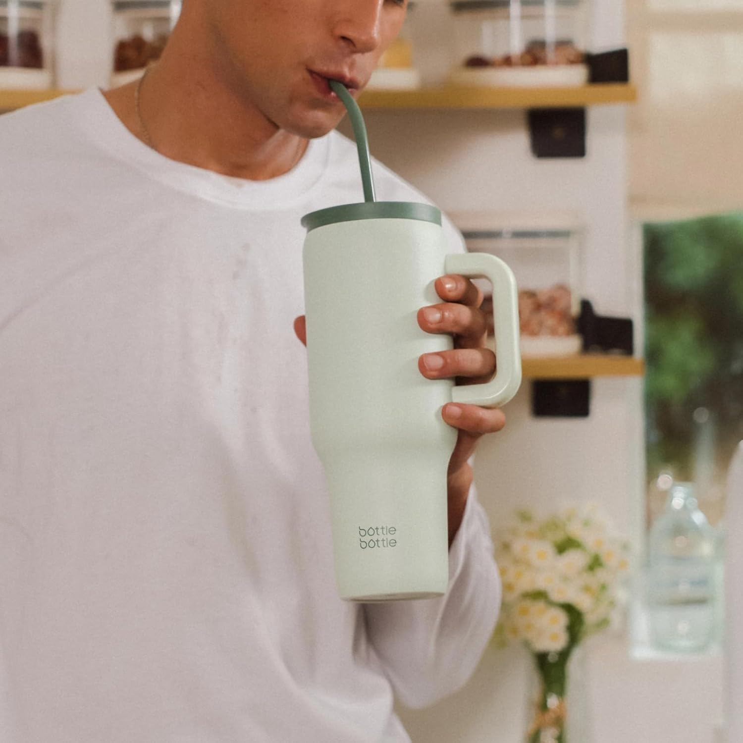 BOTTLE BOTTLE 40Oz Tumbler with Straw and Lid Insulated Travel Mug 1180Ml Stainless Steel Car Coffee Cup with Handle for Gifts Party Office (Green)