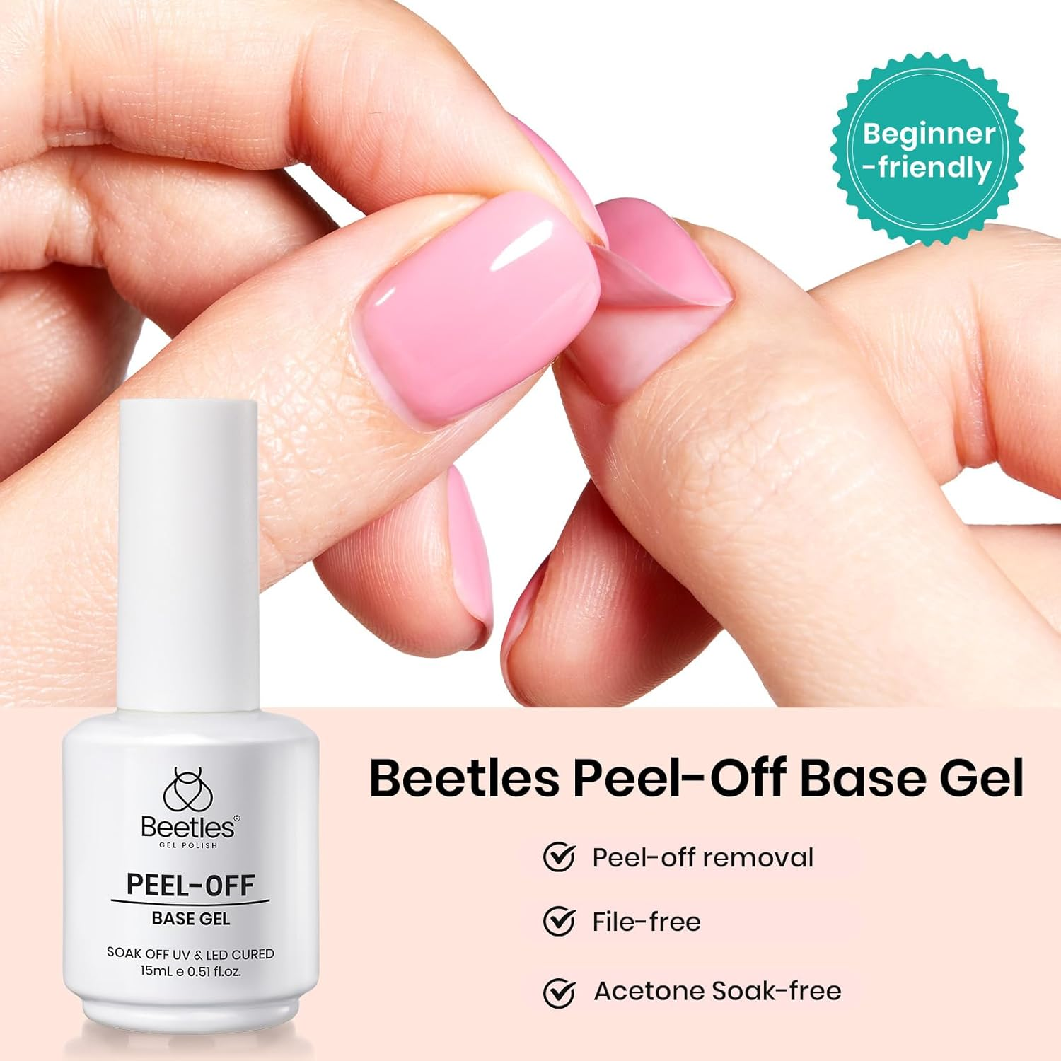 Beetles Gel Polish Peel off Base Gel, 15Ml Peel off Gel Base Coat for Gel Nail Polish Soak off UV LED Nail Lamp Peelable Base Gel No Filing Soaking-Off Needed DIY Home and Nail Salon