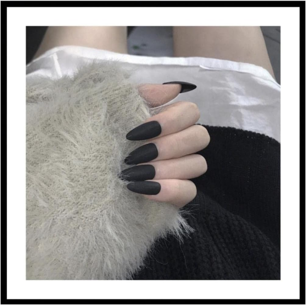 Fake Nail 24 Pcs Black Matte False Nails Detachable Solid Color Oval Ultra Thin False Nails with Adhesive Tape Glue Sticker Full Cover Nail Women False Nails image number 4