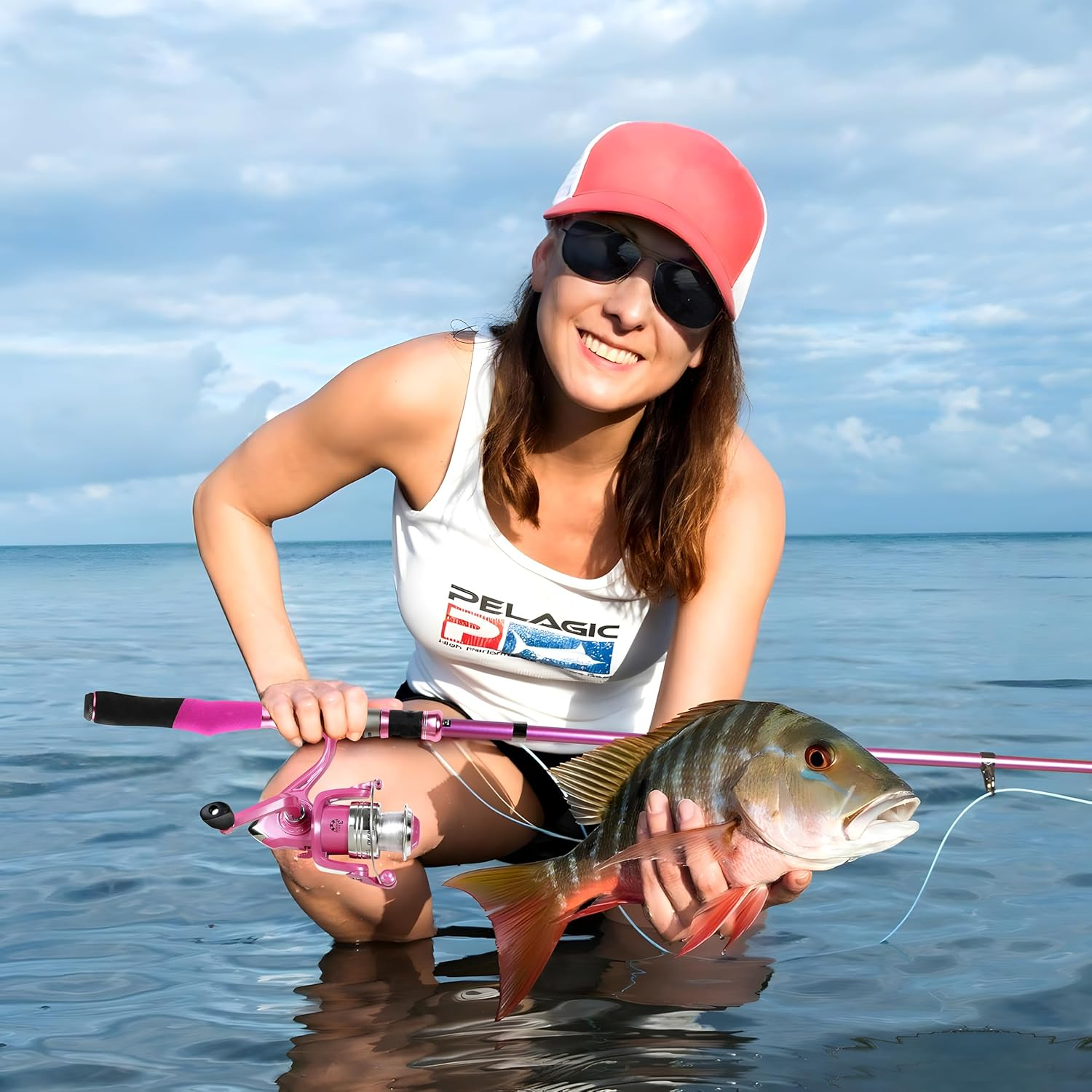 PLUSINNO Ladies Telescopic Fishing Rod and Reel Combos,Spinning Fishing Pole Pink Designed for Ladies Fishing Girls Fishing Pole image number 1