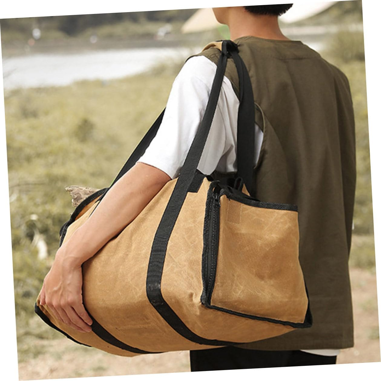 Portable Canvas Firewood Holder Bag Large Capacity Logging Tote for Camping and Bonfires Outdoor Wood Carrier Pouch for Oak and Maple Logs Heavy-Duty Storage Organizer in Khaki image number 4