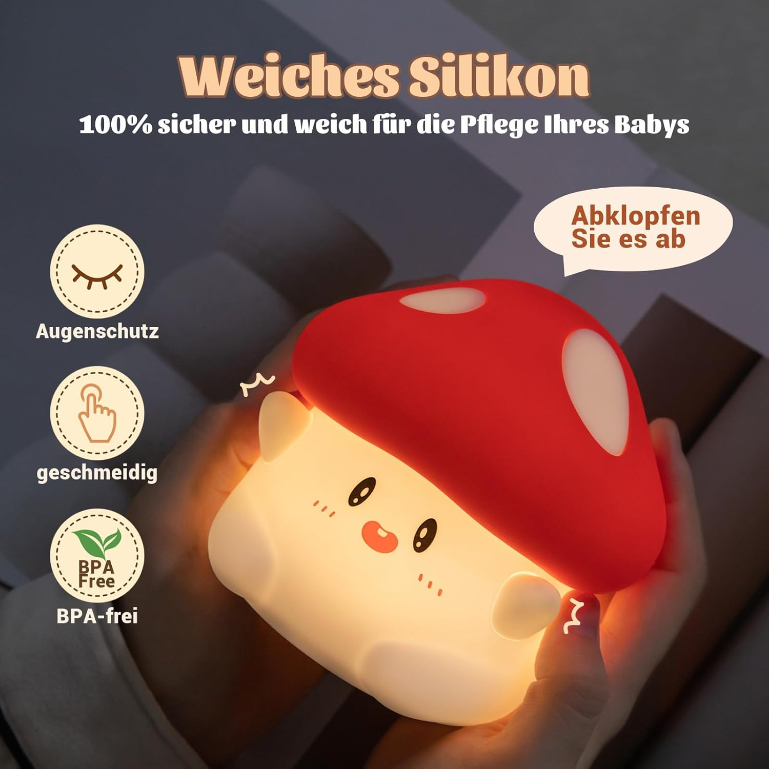 Mushroom Night Light, Cute LED Squishy Night Lamp, 2 Levels Dimmable, Rechargeable, Timer, White Silicone image number 4
