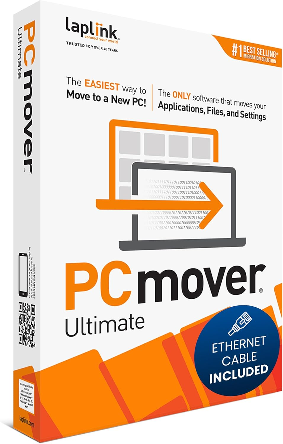 Laplink Pcmover Ultimate 11 | Moves Your Applications, Files and Settings from an Old PC to a New PC | Includes Optional Ethernet Cable | 1 Use