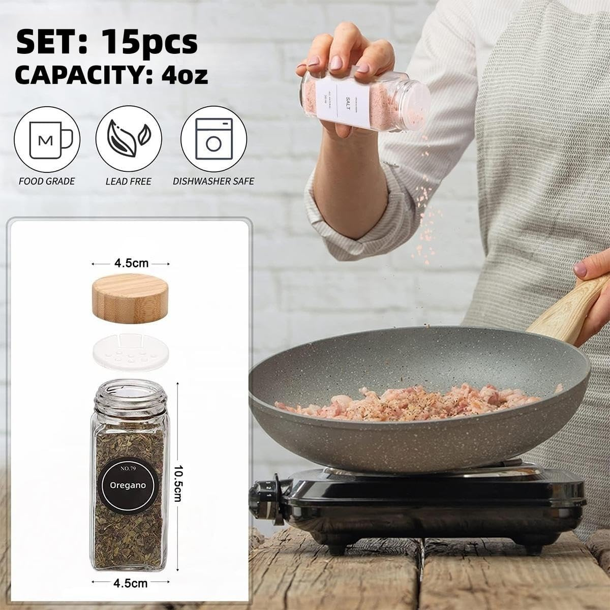 15Pcs Glass Spice Jars with Labels 4Oz Squar Spice Containers with Lids Seasoning Storage Bottles Collapsible Funnel Spice Organizer image number 1