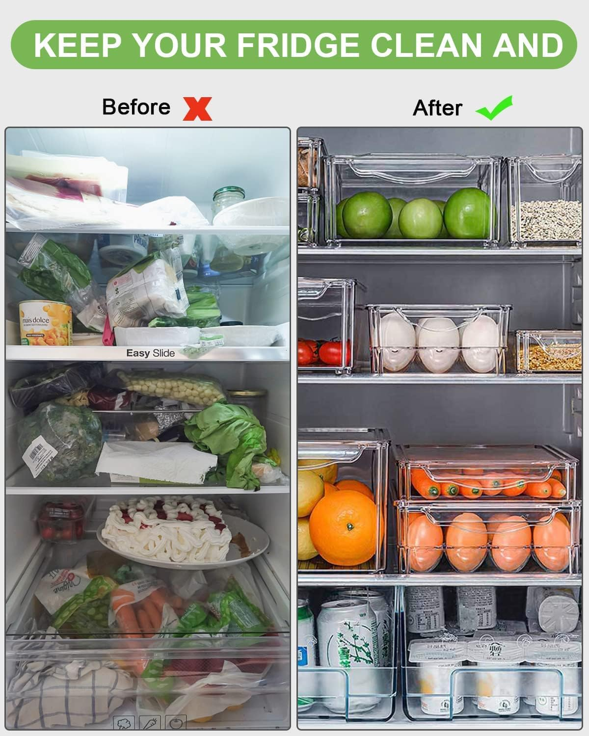 Fridge Organisers with Lids Set of 7, Stackable Fridge Organisers, Fruits Vegetable Freezer Storage Boxes, Clear Storage Containers for Kitchen, Cupboards, Freezer, Cabinets, Pantry