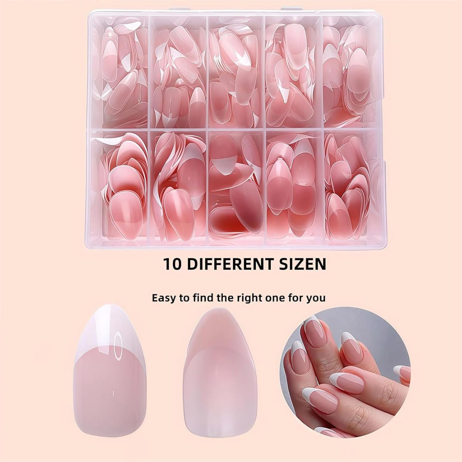 240Pcs Stick on Nails, White French Tip Press on Nails, 10 Sizes Almond French Tip Nails，Matte Fake Nails，Diy Nail Art Nude Gel Press on Nail（French White） image number 3