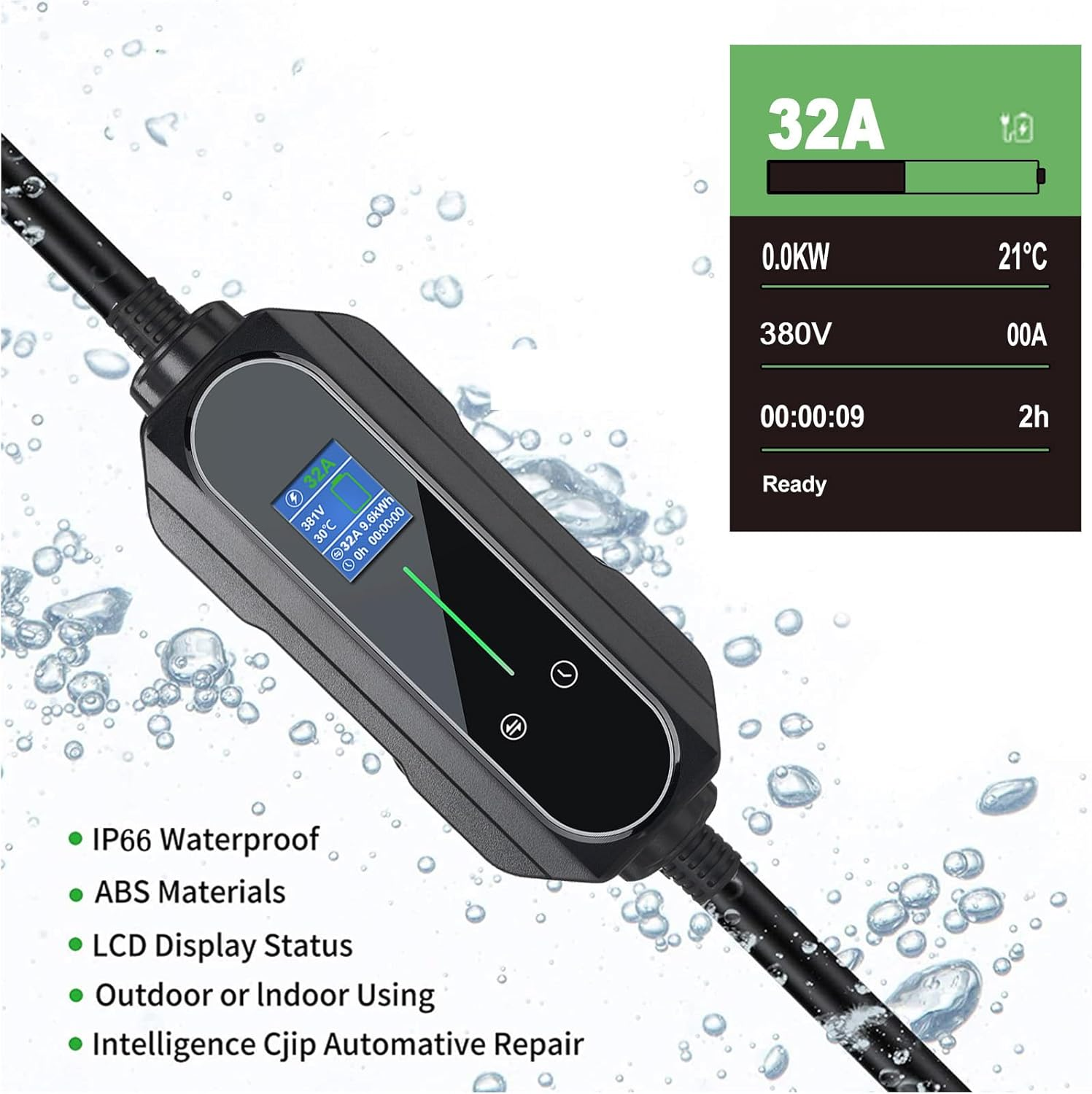 Portable Type 2 Charging Cable 5 PIN RED CEE 32A 22KW Model 2 Three Phases Adjustable Current 10A/16A/20A/24A/32A, Timing Delay 1-12 Hours IP65 Max Waterproof Level, EV Home Ev Charger Type 2