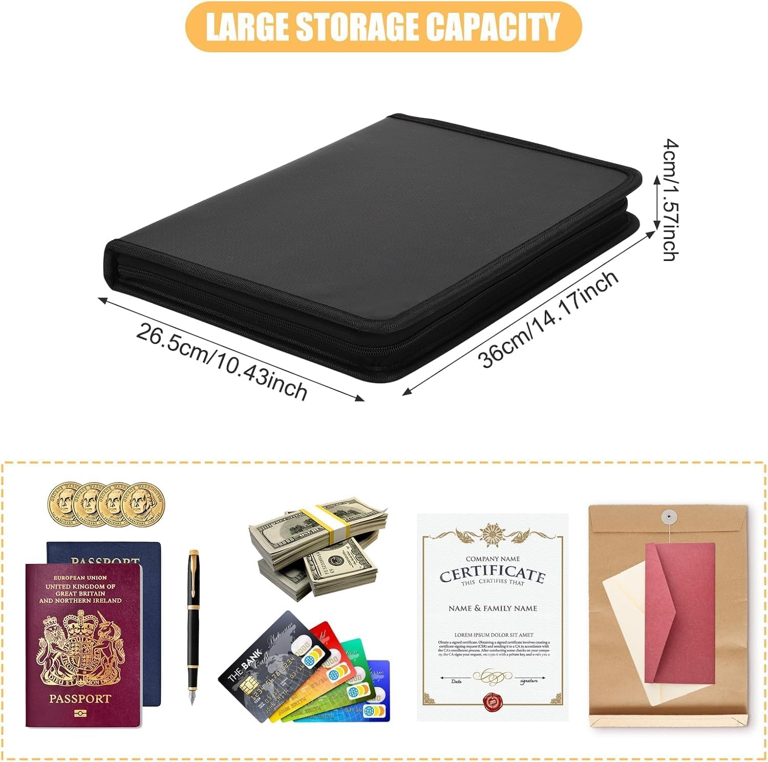 Accordion File Organizer, Fireproof Expanding File Folder with Pockets,13 Pockets Document Organizer with Zipper and Labels, Portable Home Travel Safe Storage for Letter A4 Files and More (Black) image number 4