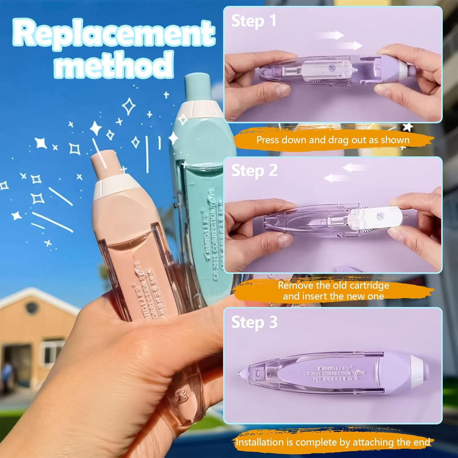 ASTIMESA 4 Pcs Refillable Retractable Correction Tape, Correction Tape Pen Easy to Use, Pen Shaped Applicator for Corrections Office School Supplies (4 Colors) image number 3