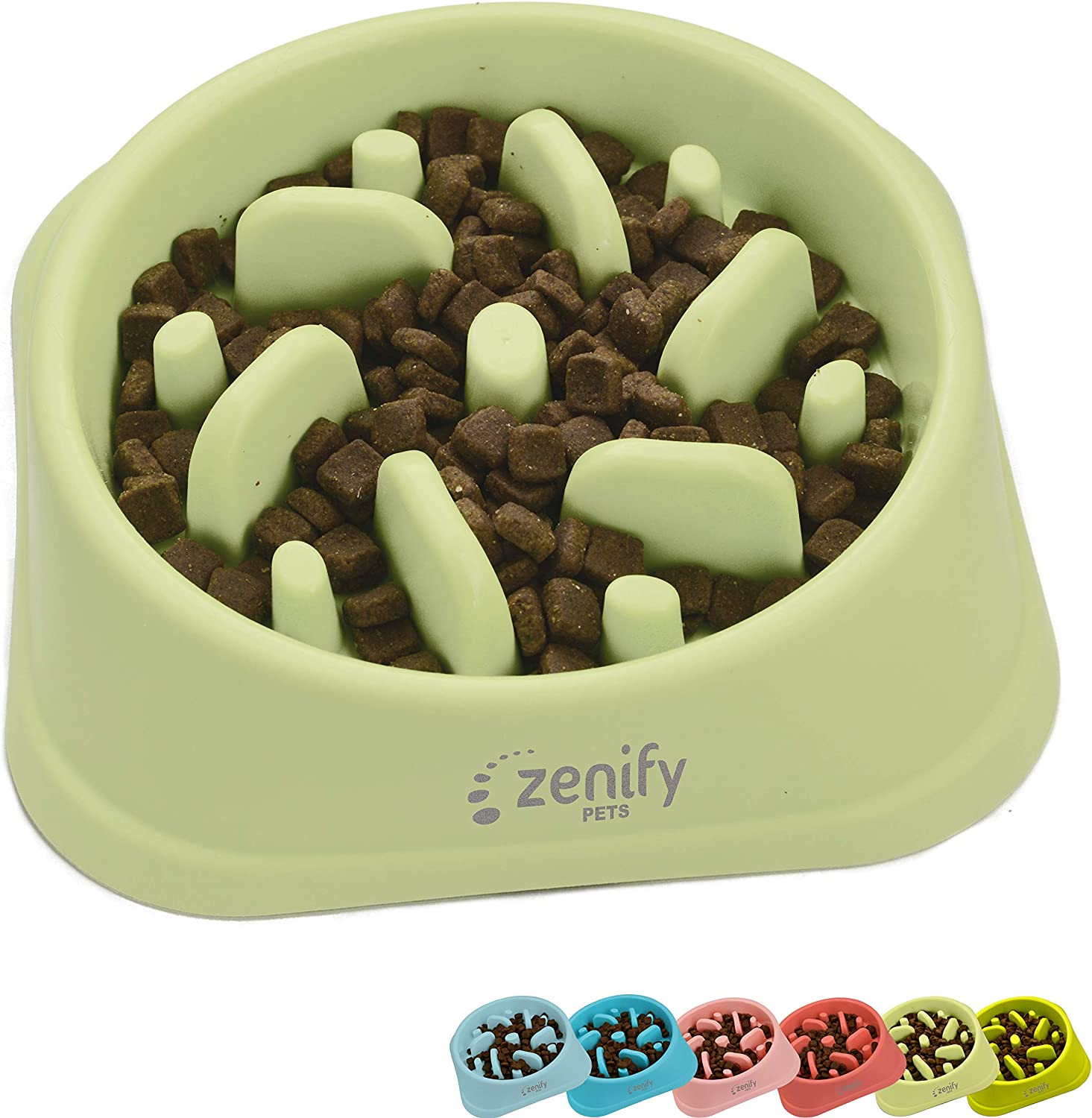 Zenify Dog Bowl Slow Feeder - Large 500Ml Healthy Eating Pet Interactive Feeder with Anti-Skid Non-Slip Base to Reduce Overeating Bloating Vomiting Obesity for Wet Dry Raw Food and Water (Light Green)