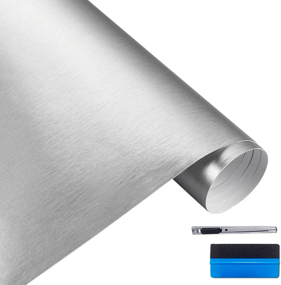 LZLRUN Brushed Metallic Steel Vinyl Wrap Roll with Air Release Technology DIY Styling Adhesive Decal Wrapping Car Accessories (Silver, 1Ft X 5Ft)
