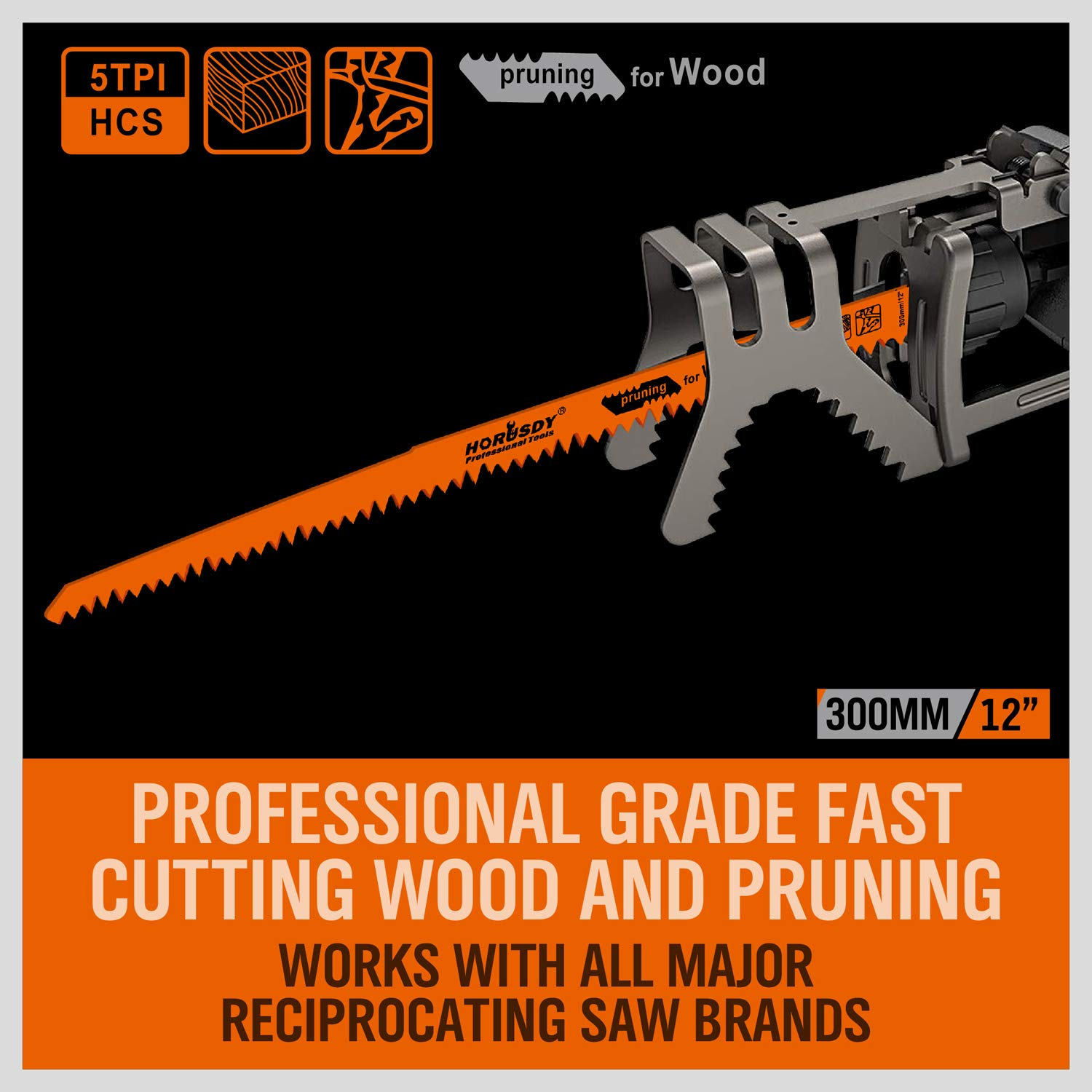 HORUSDY 5-Pack Wood Pruning Reciprocating Saw Blades, 12-Inch 5TPI Saw Blades 300Mm Long for Wood Cutting