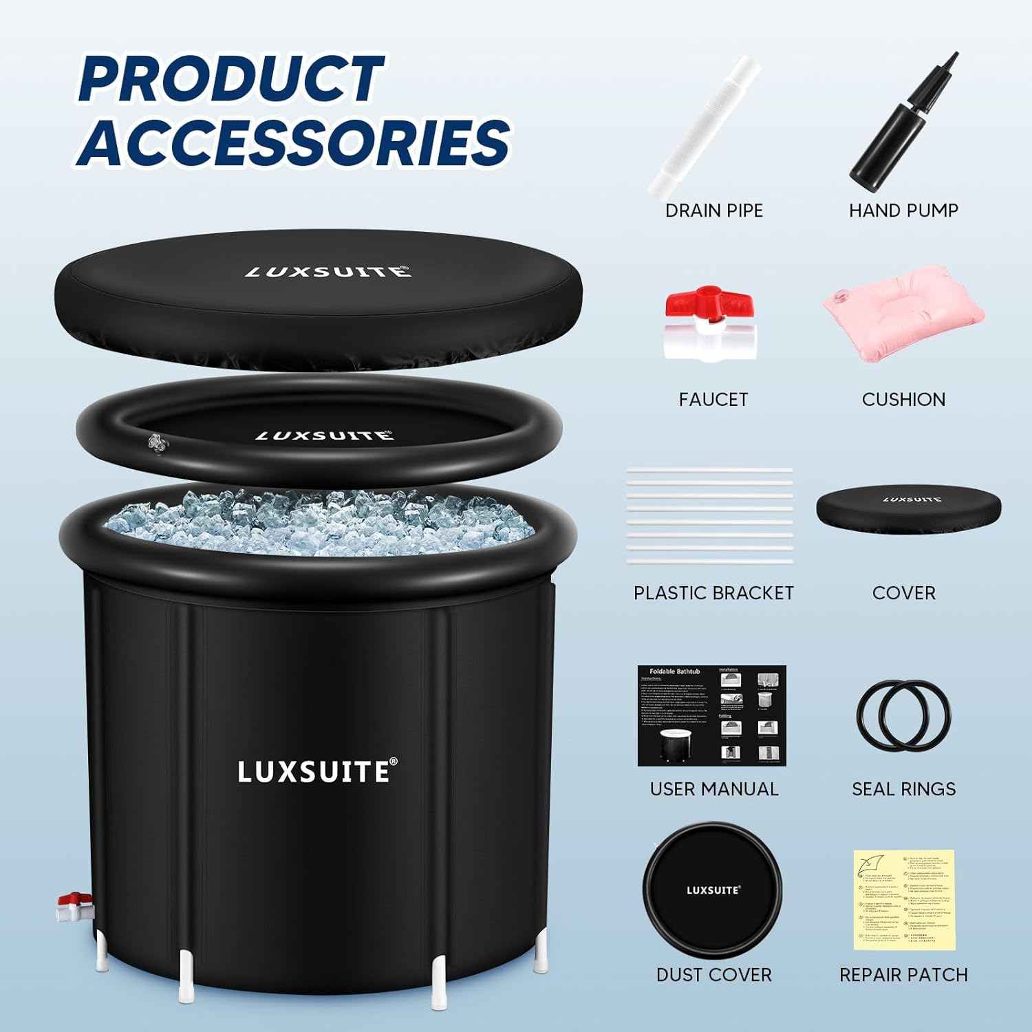 Portable Ice Bath Tub Inflatable Hot Bathtub SPA Massage Athletes Cold Water Therapy Adult Soaking Folding Outdoor Plunge Large Black 80X71Cm, 300L image number 1