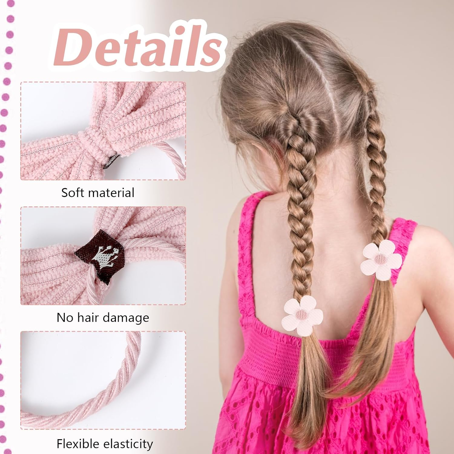 Pack of 10 Cute Hair Bobbles with Bow, Pink Elastic Hair Bands, Cute Flower Hair Scrunchies for Baby Girls, Toddlers, Accessories image number 1