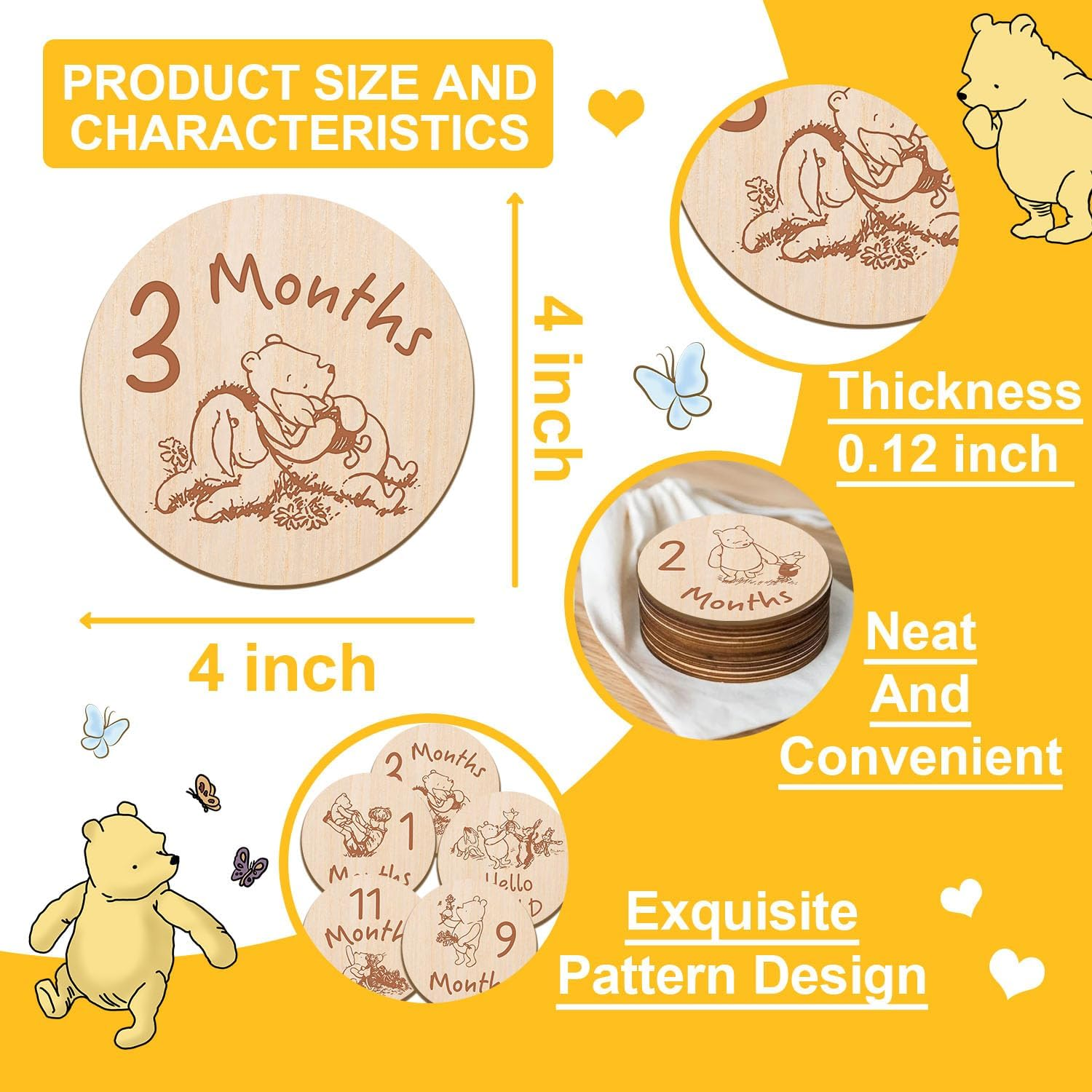 7 Pcs Winnie Baby Monthly Milestone Markers, Winnie Double Sided Winnie Baby Months Wooden Signs with Storage Bag, Winnie Baby Shower Gifts, Winnie Baby Monthly Announcement Wooden Discs, Winnie Gifts image number 5