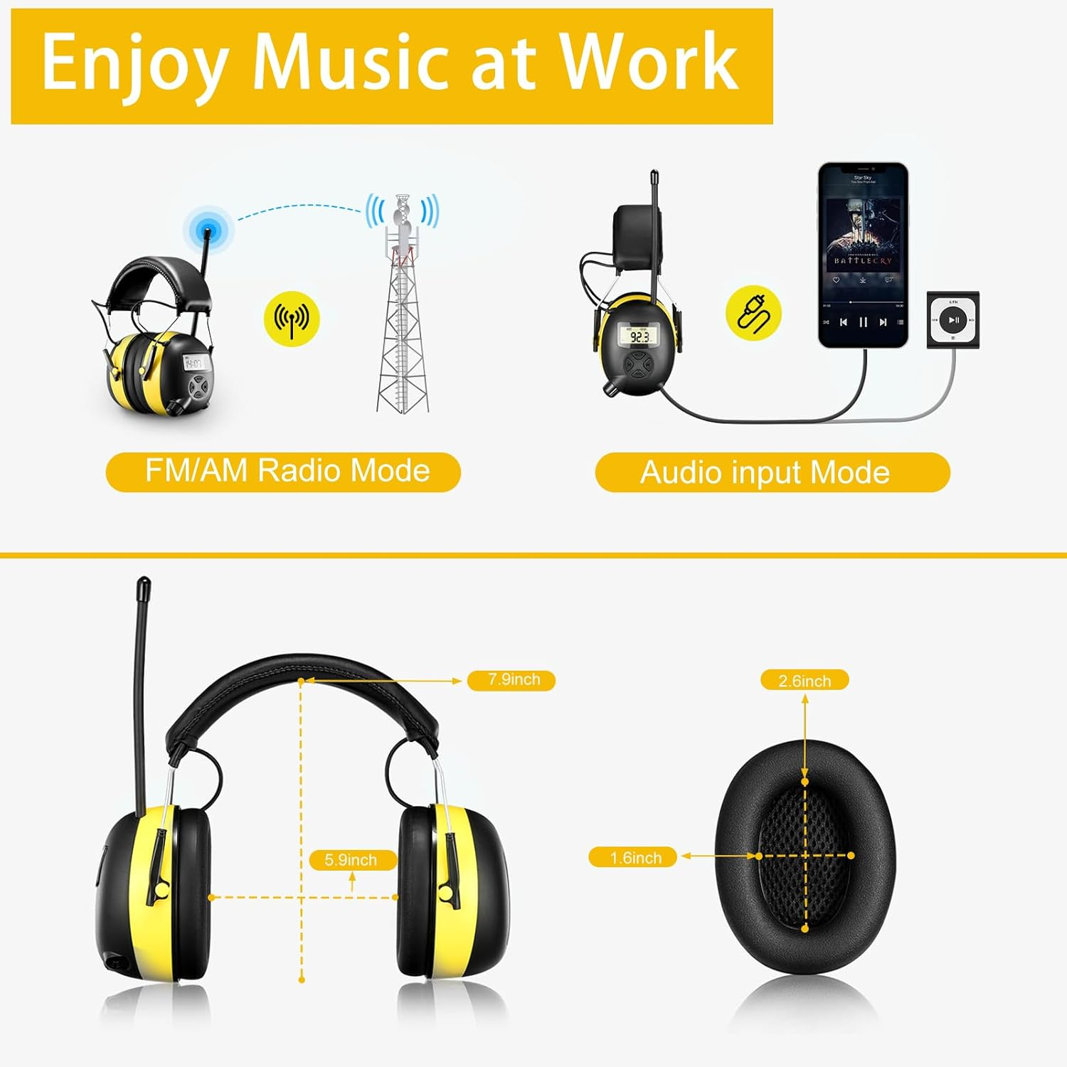 AM/FM Radio Headphones with Digital Display, 30Db AM FM Hearing Protection Safety Earmuffs, Ear Protection for Mowing image number 5