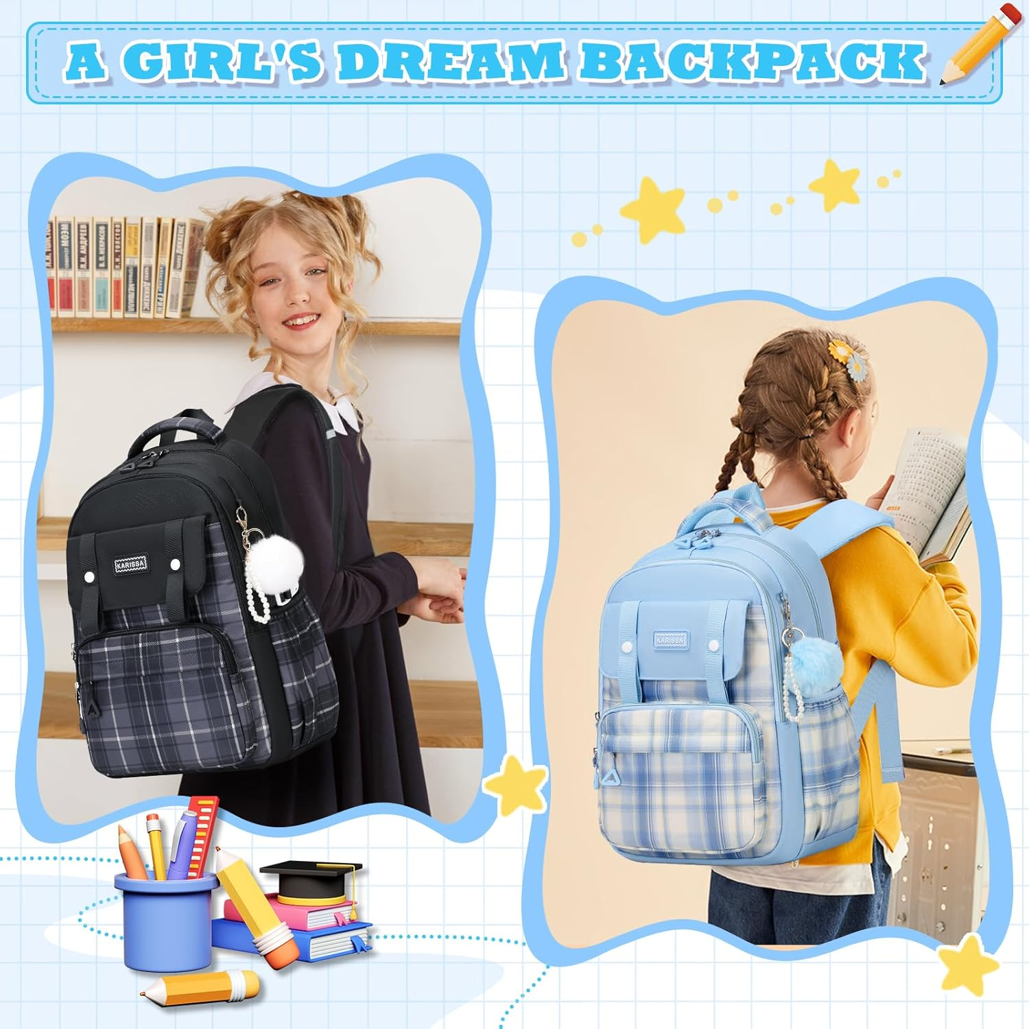 MUSEVOS Girls Backpack, Ideal School Backpack for Girls from Elementary to Teen Years, Kawaii Bookbag Cute Large Capacity - Black image number 2