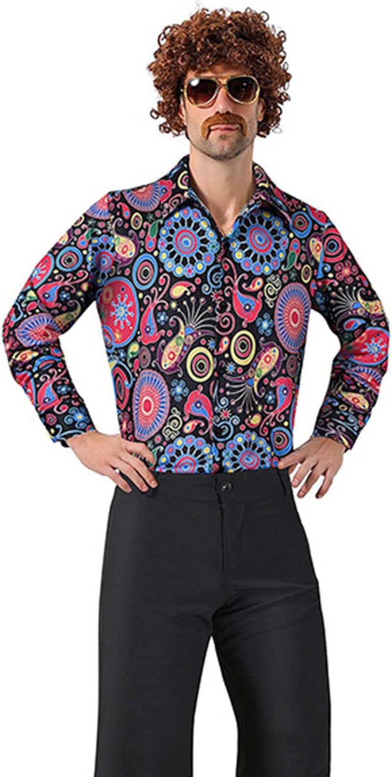 4 PCS Hippie Costume for Mens 60S 70S Disco T-Shirt Afro Wig Accessories Set for Halloween Party Cosplay image number 1