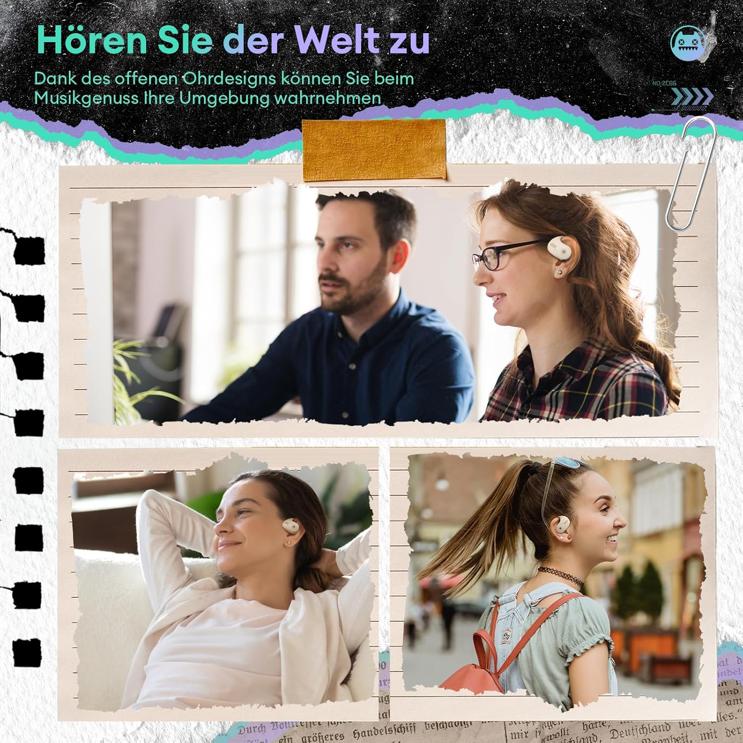 Zombies CAT Open Ear Headphones, Wireless Bluetooth 5.3 Headphones with Microphone for Clear Calls, Special Lanyard, IPX5, Waterproof Headphones for Sports Training, B7 White image number 6