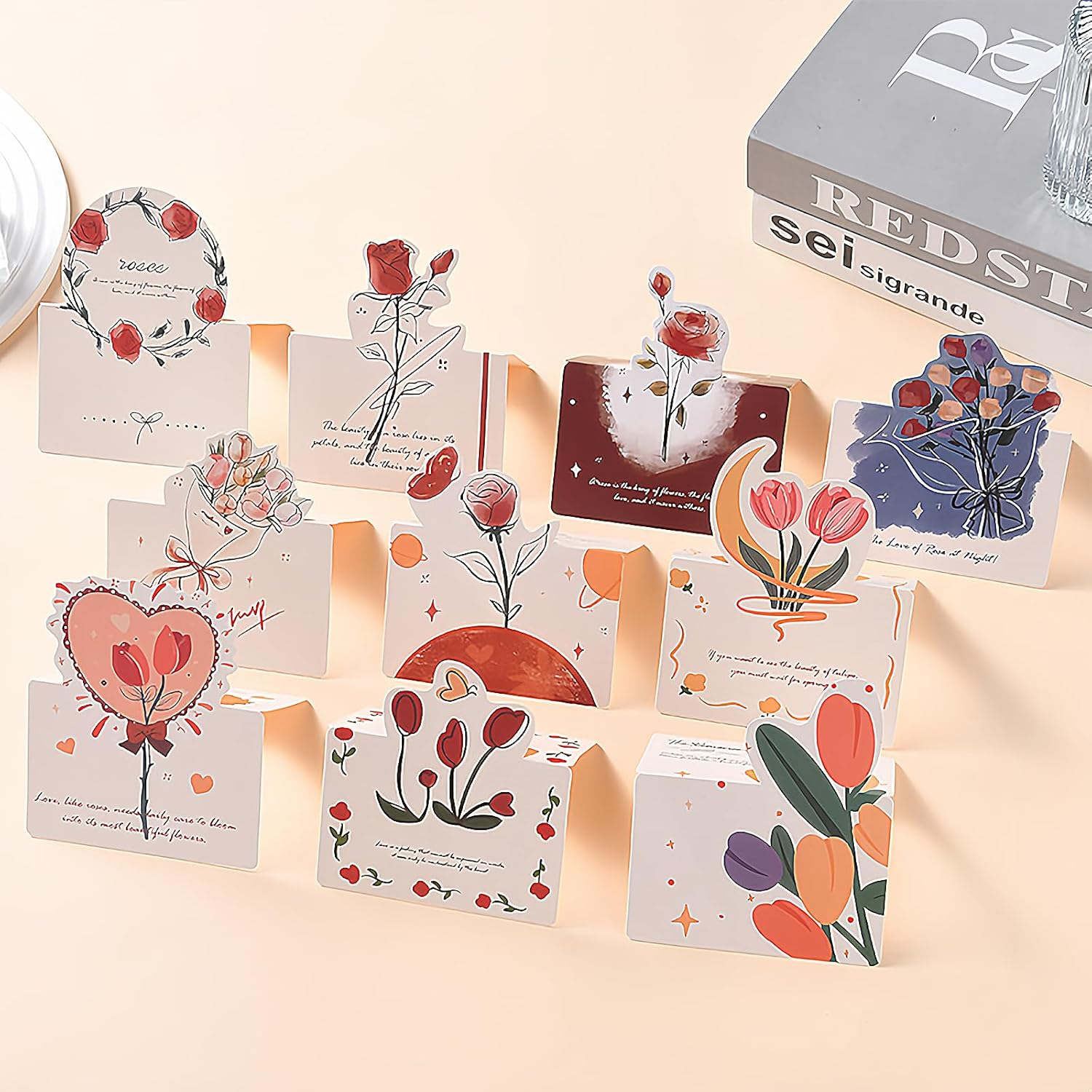 Hannafires 3D Mini Greeting Cards - Mixed Roses Collection, Folding Note Cards, Desktop Reminder Cards, Flower Shop Messages, Handwritten Wishes, Birthday Gift, Journal 30PCS image number 3